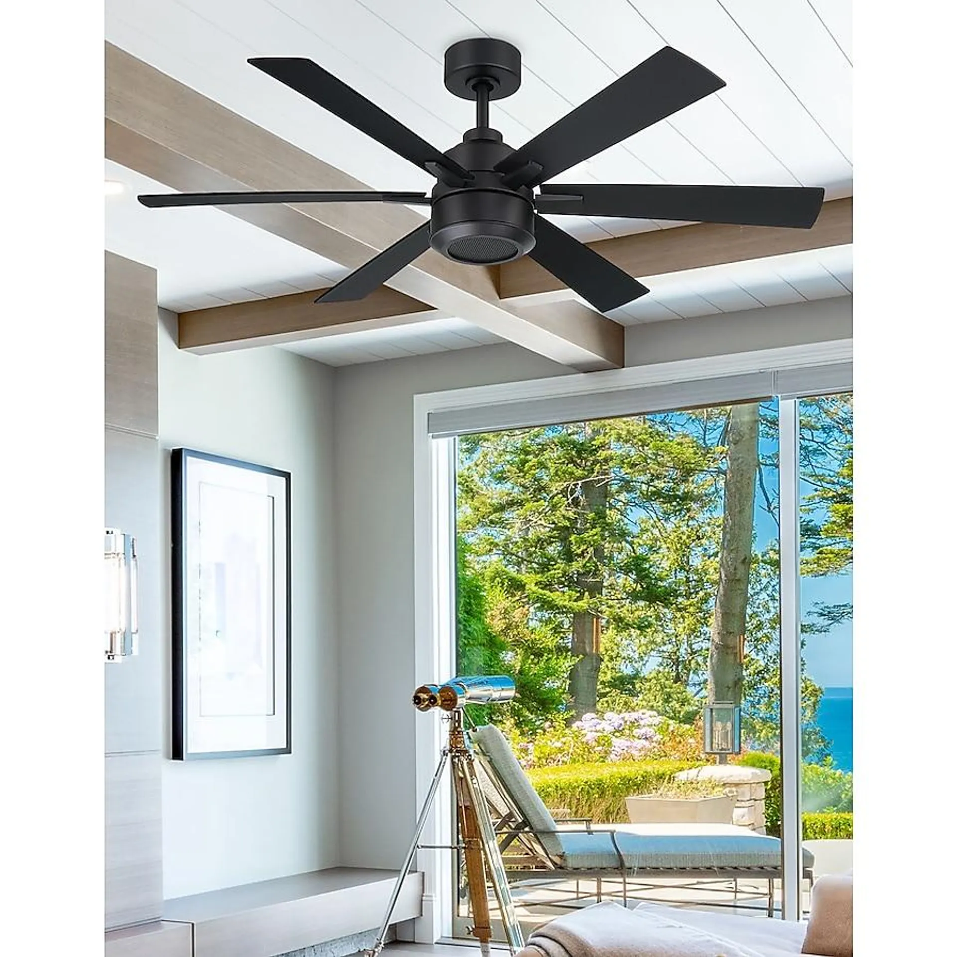 Harbor Breeze SpeakWell 52-in Matte Black with Black/Dark Teak Blades Indoor/Outdoor Ceiling Fan and Remote (6-Blade)