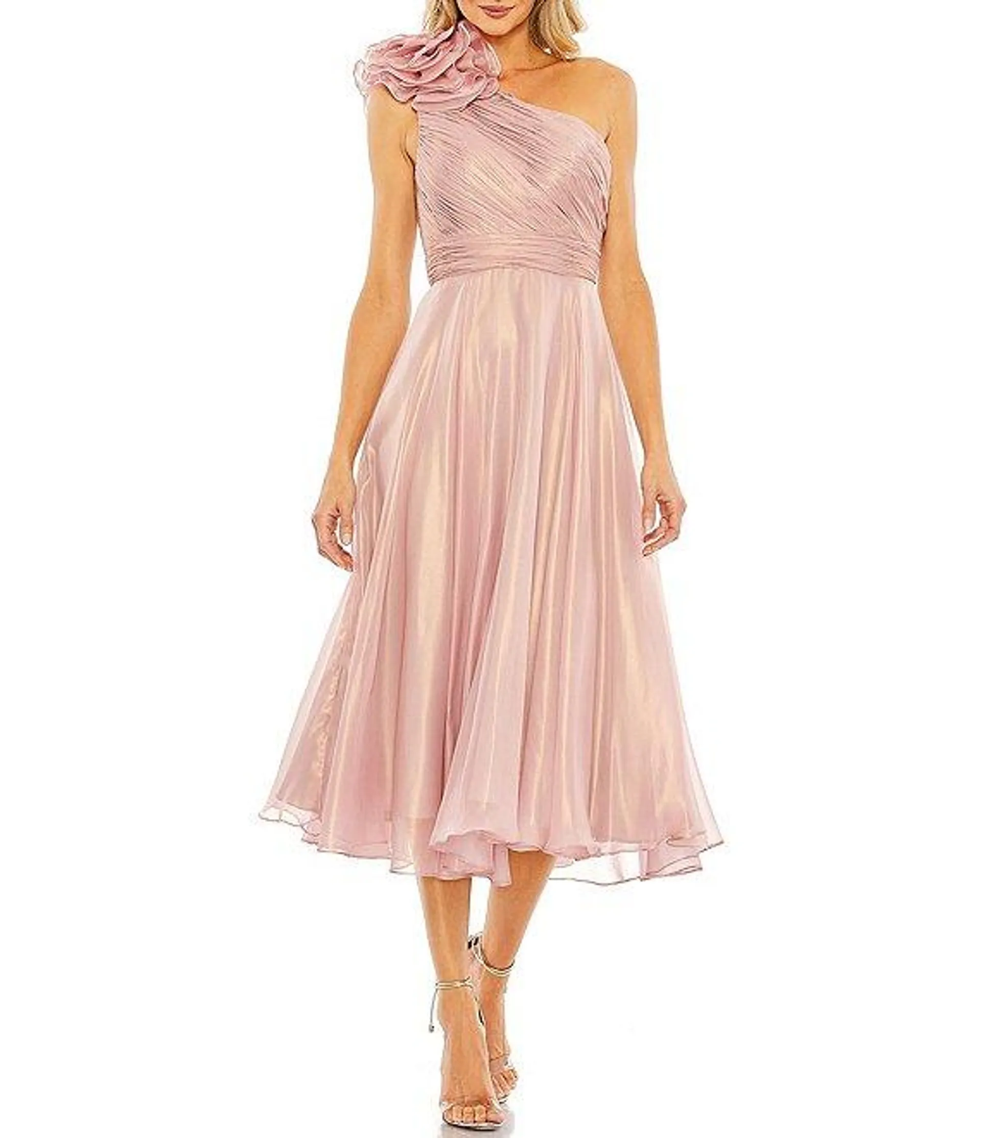 Ruffle One Shoulder Shimmer Organza Midi Dress