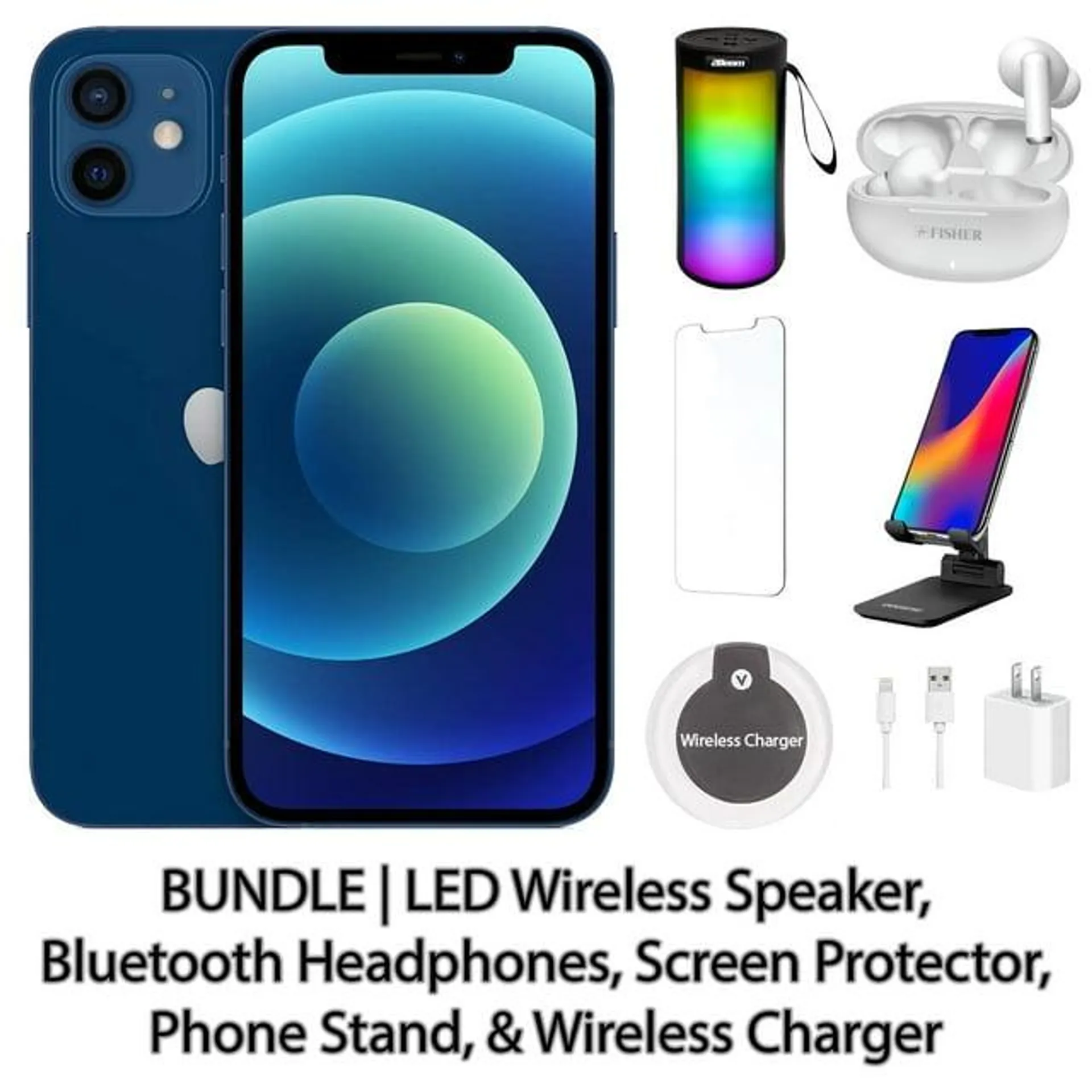 Restored Apple iPhone 12 64GB Blue Fully Unlocked Bundle: LED Wireless Speaker, Bluetooth Headphones, Screen Protector, Wireless Charger, & Phone Stand (Refurbished)