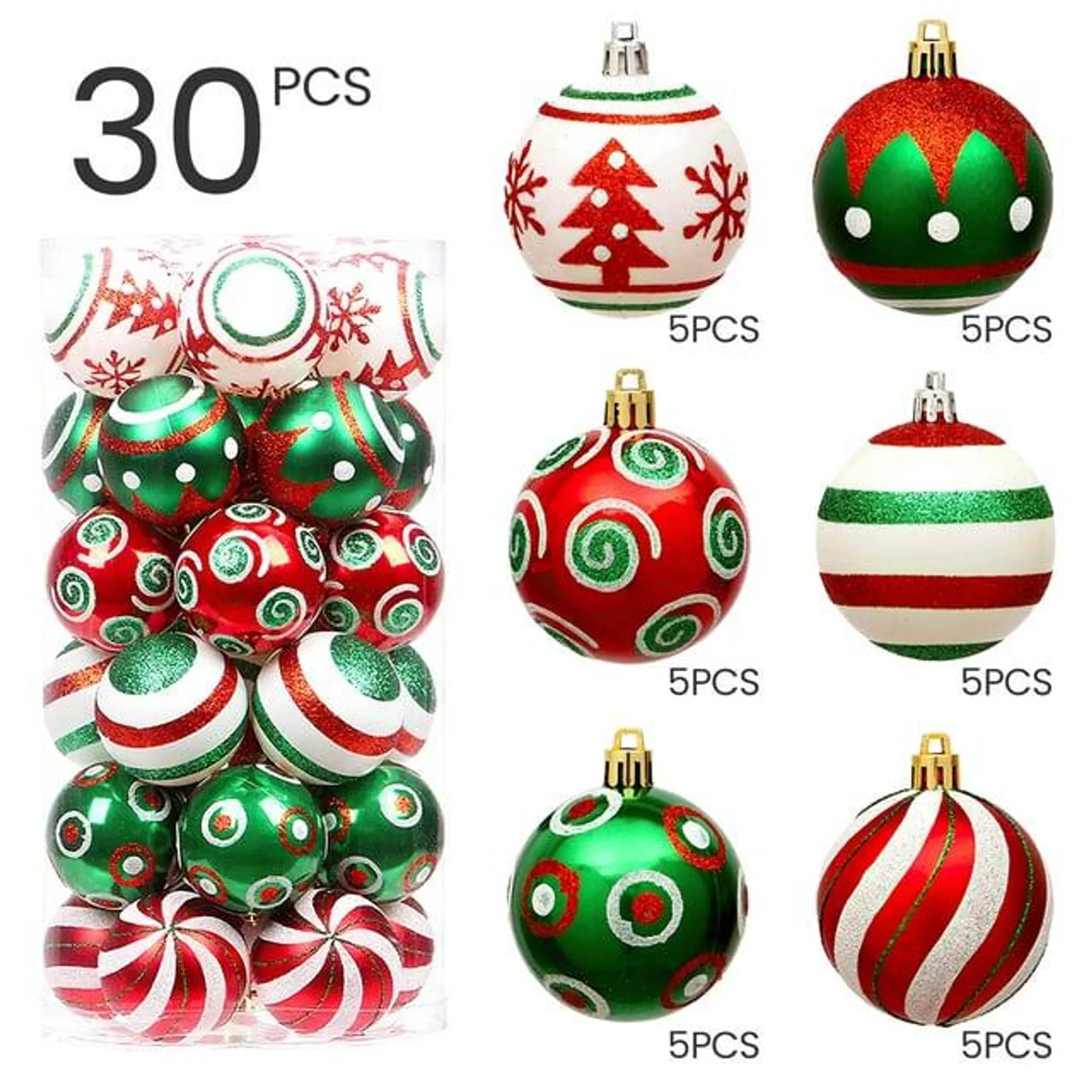 30Pcs Christmas Set, 2.36" Shatterproof Christmas Tree Ornaments for Christmas Tree Red & White Tree Decoration Christmas Baubles