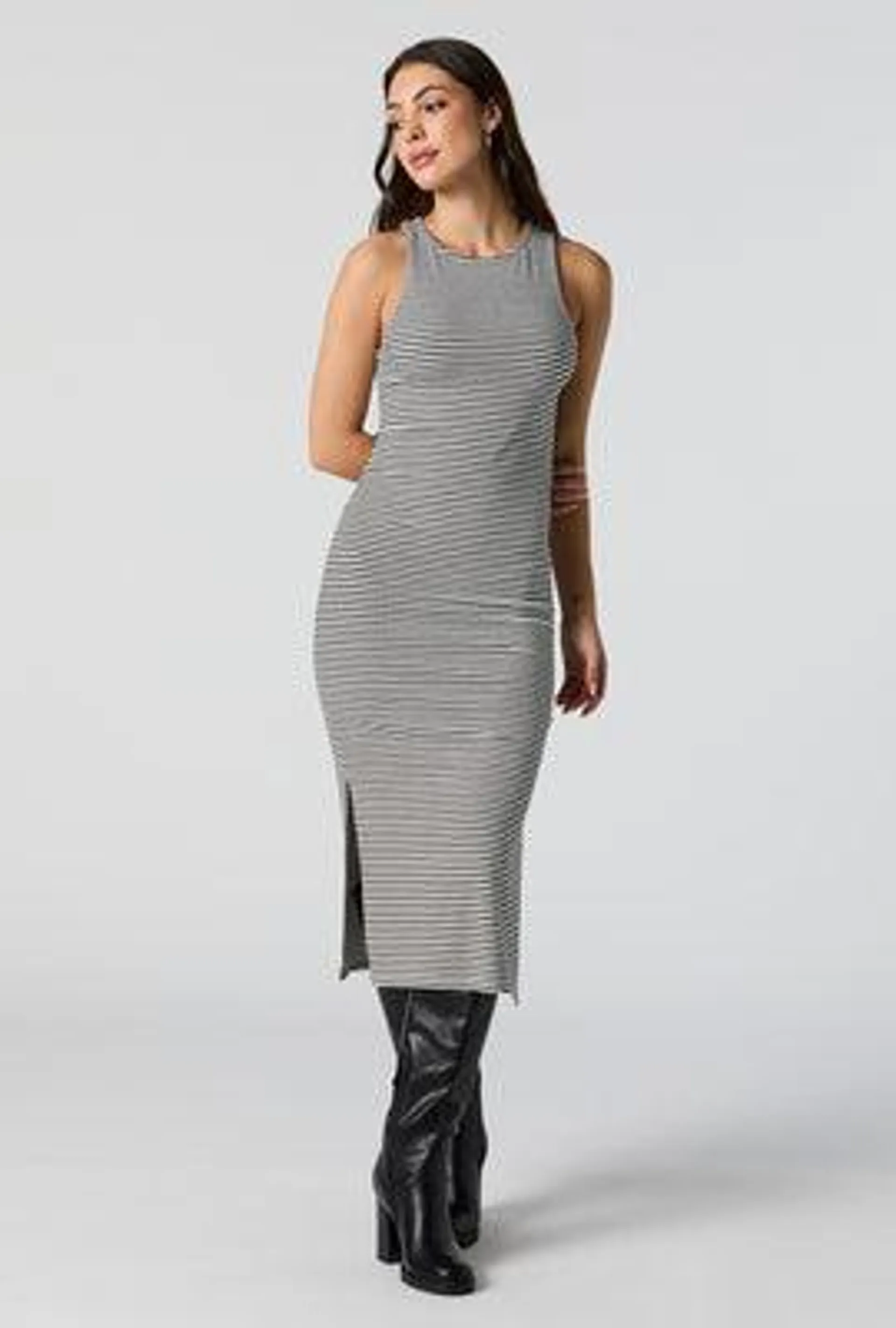 Striped Ribbed Double Slit Bodycon Midi Dress