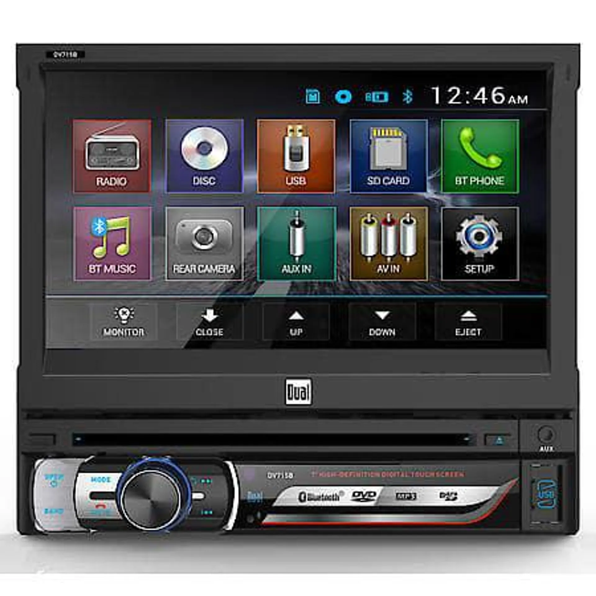 Single Din Car Stereo: 7" Touchscreen, DVD Player, Bluetooth, Music Streaming, Hands Free Calling