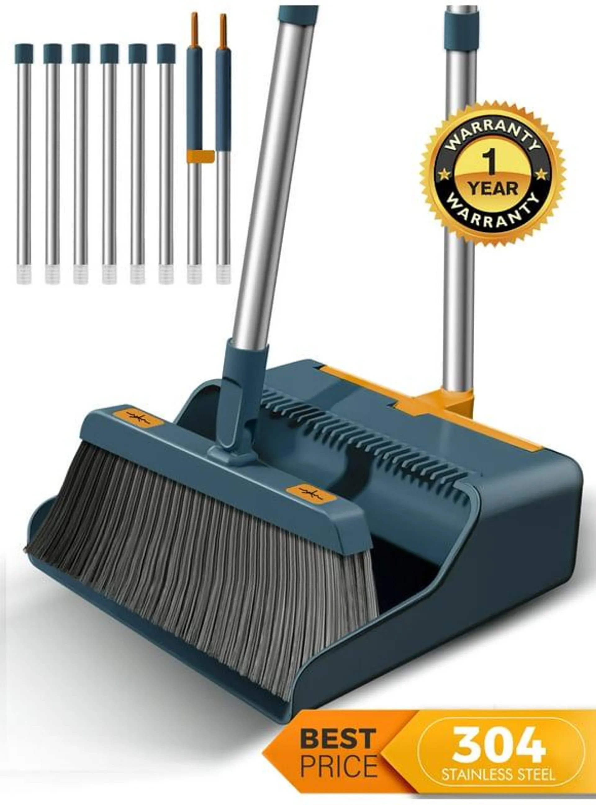 FVSA Broom and Dustpan Combo/Broom and Dustpan with 50.4" Long Handle Broom and Dustpan Set-Blue