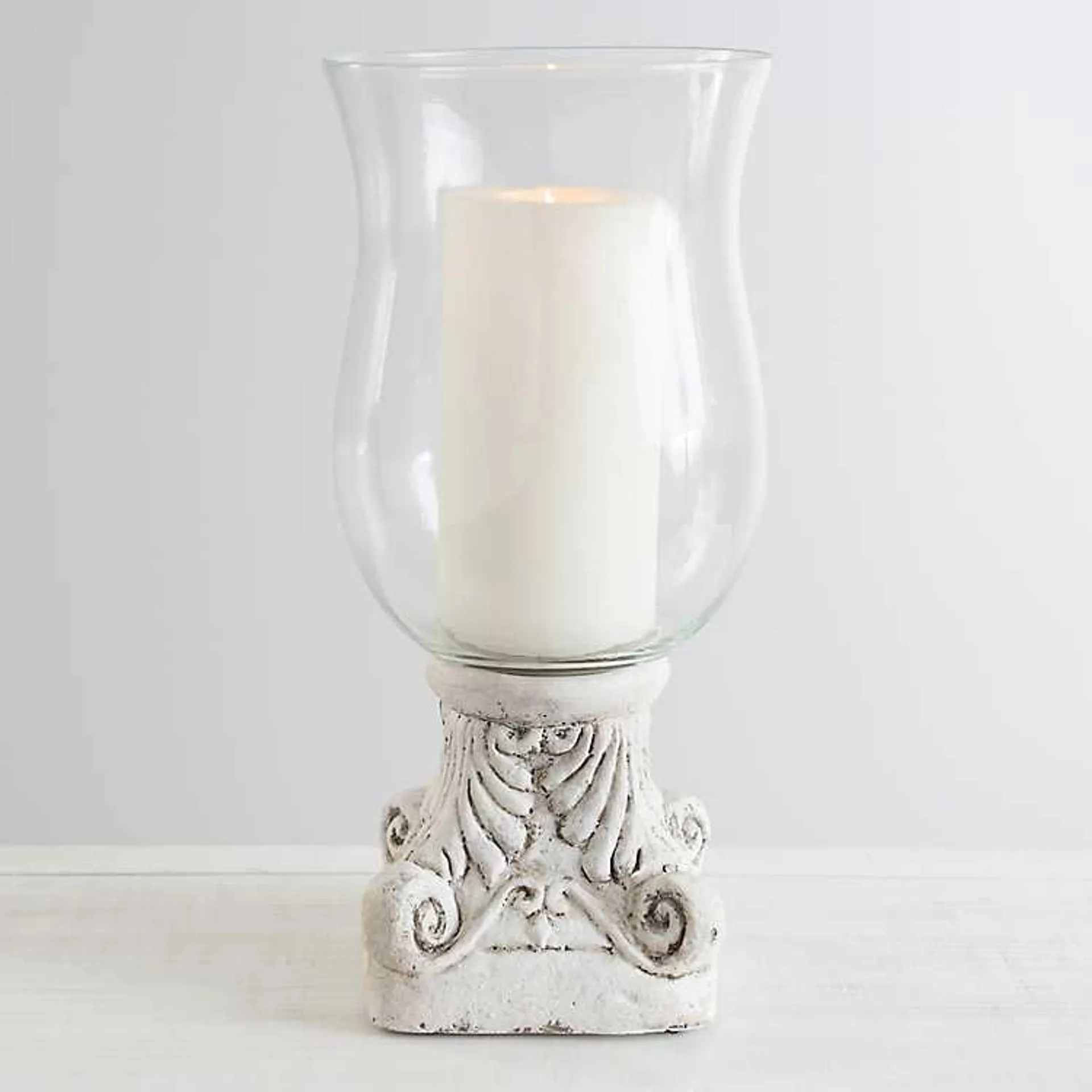 Glass Hurricane with Scroll Cement Base, 16 in.