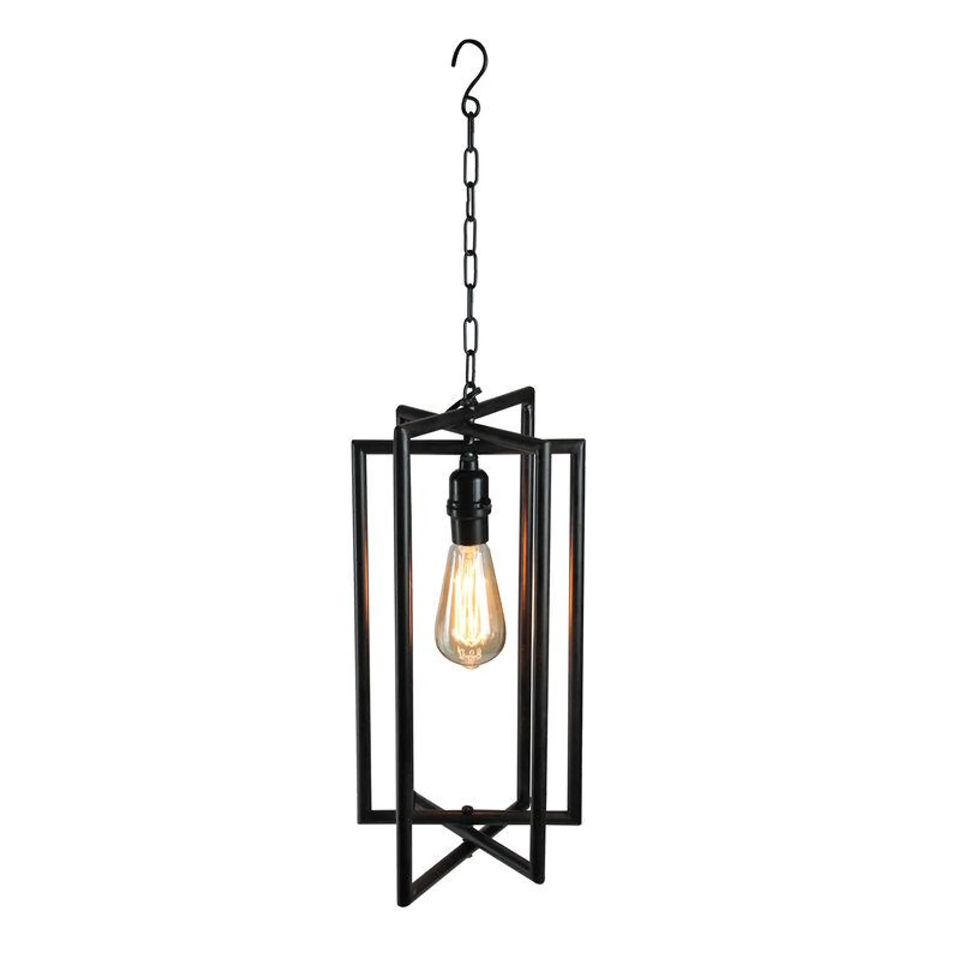 28" Black Rectangular Iron Caged Electric Pendant Hanging Lamp with Edison Style Bulb