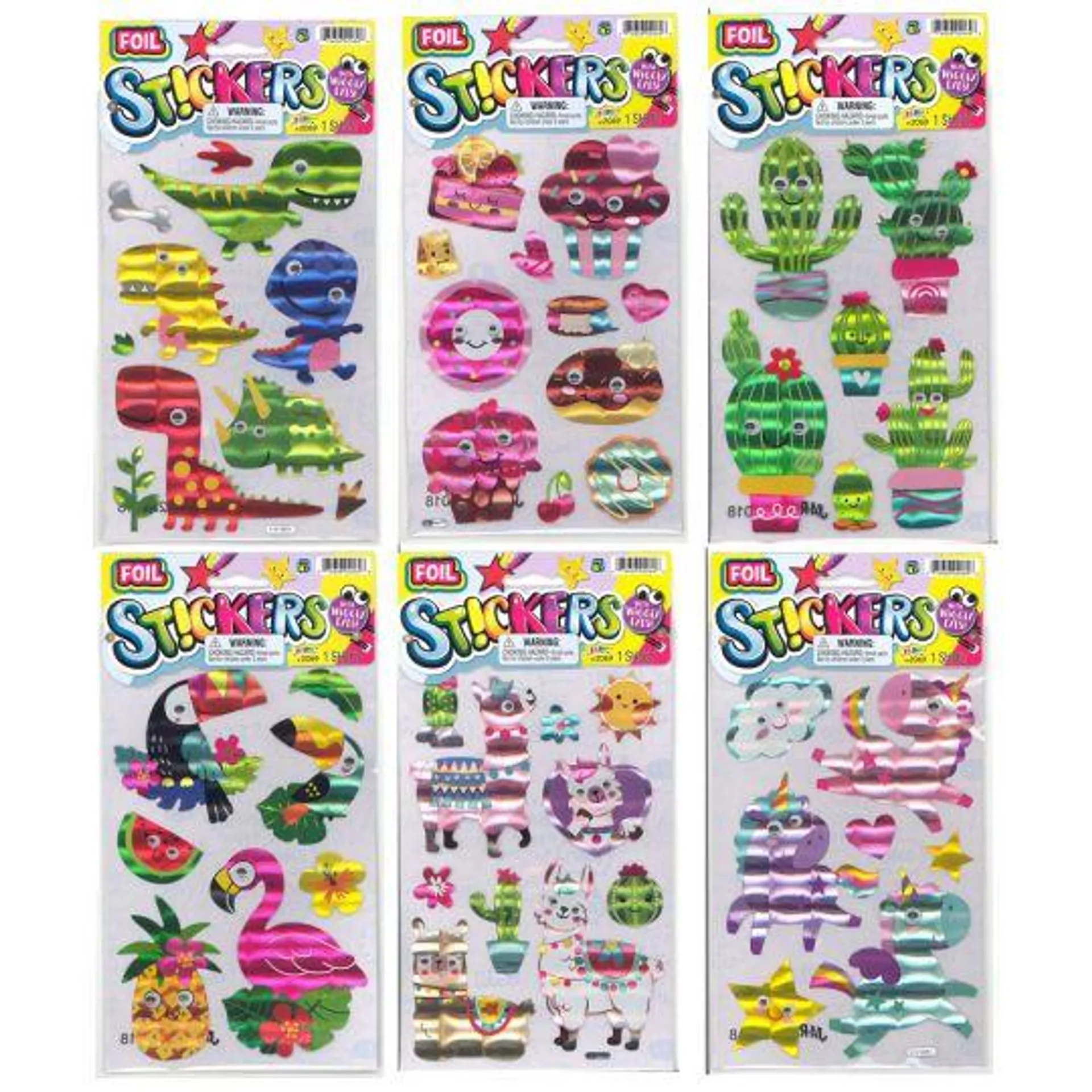 JA-RU Inc. Toys - Foil Stickers w/ Wiggly Eyes - SET OF 6 (Cactus, Unicorns, Llamas & More) #2069