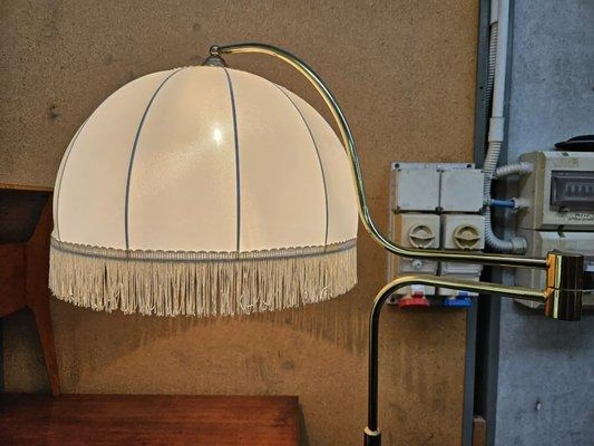 Golden Metal Reading Floor Lamp with Adjustable Arm and Fabric Lampshade, 1970