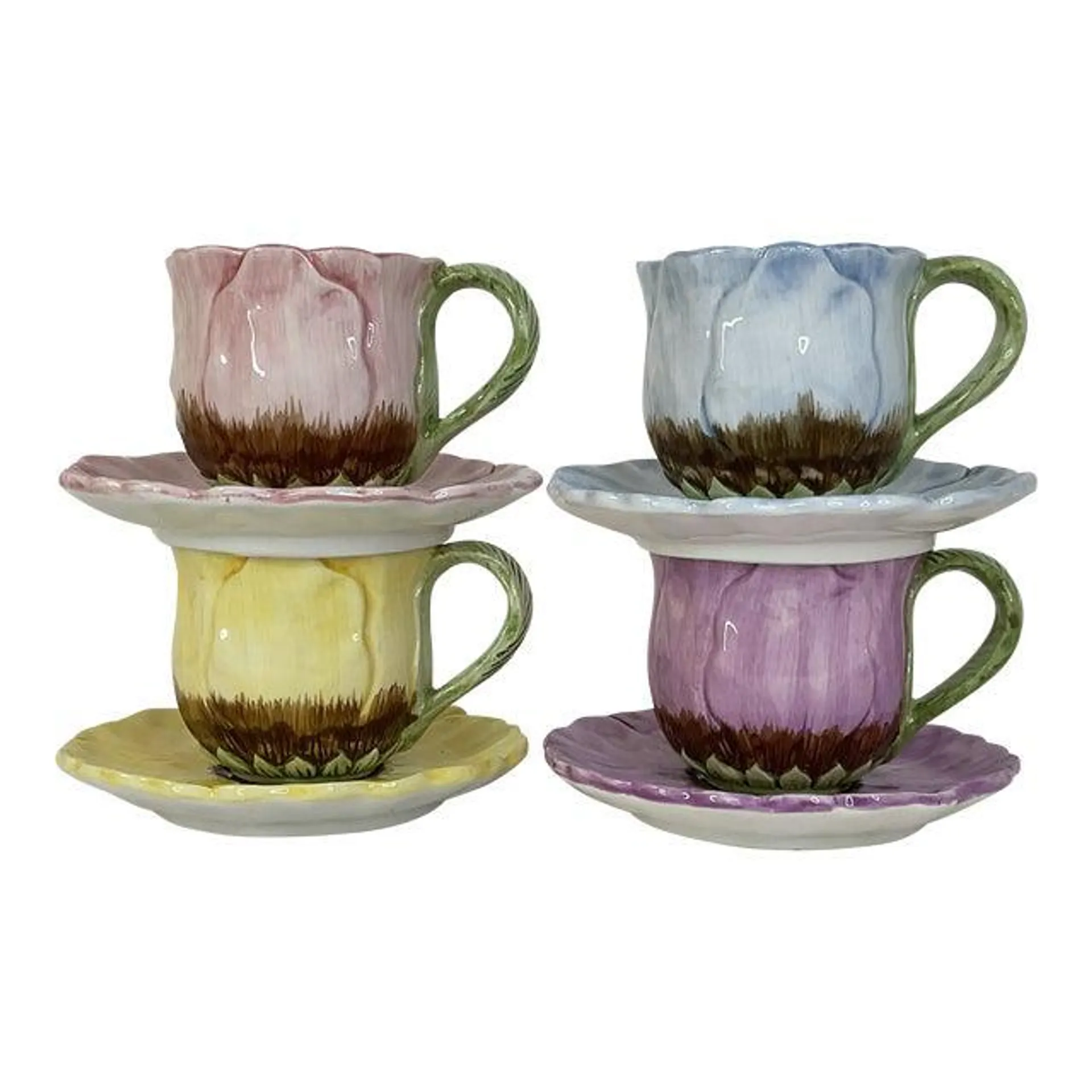 1980s Vintage Hand Painted Pansy Tea Cups and Saucers Set- 8 Pieces.