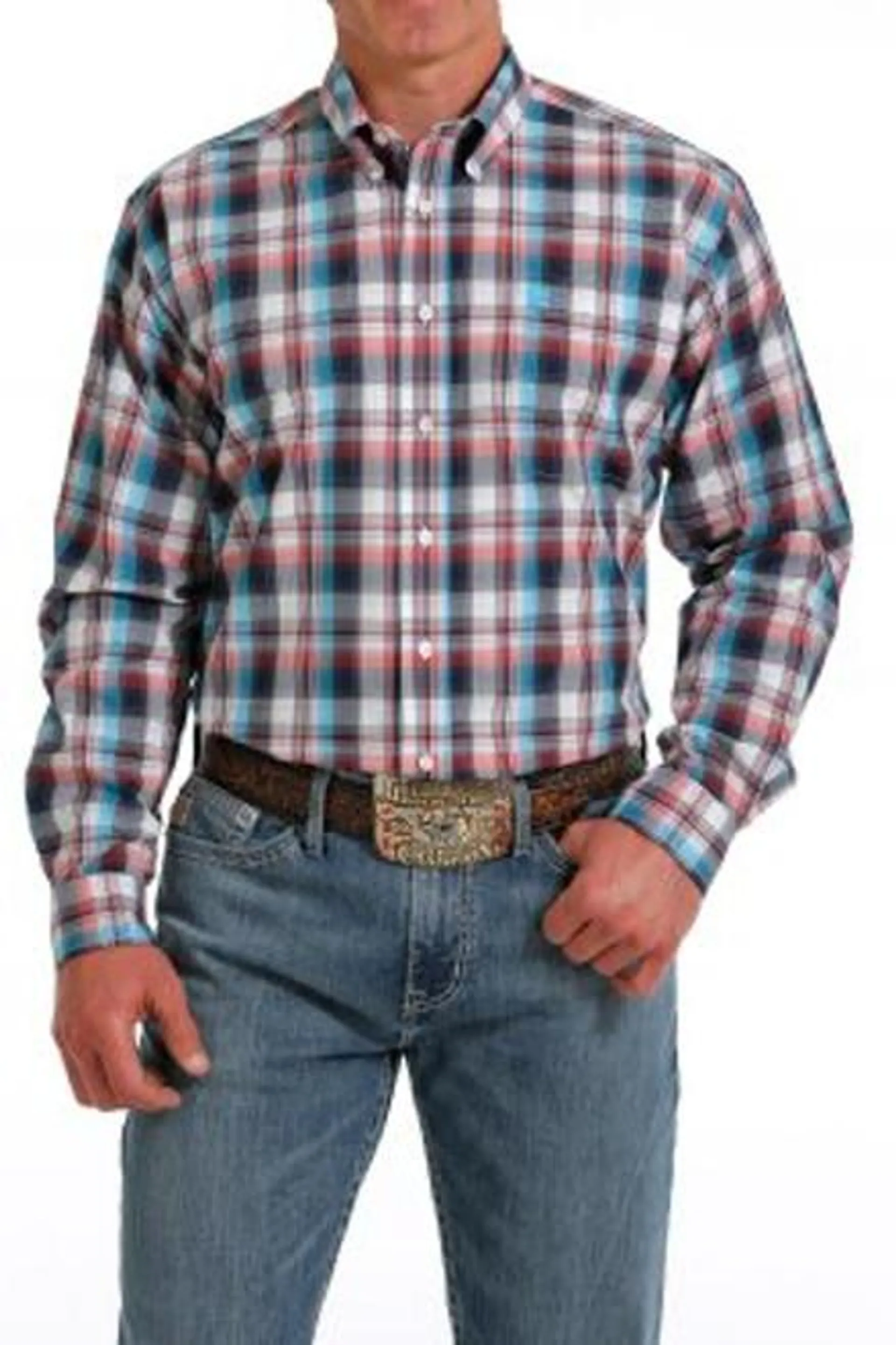 Cinch Men's Red/White/Navy Plaid Long Sleeve Button Down Western Shirt