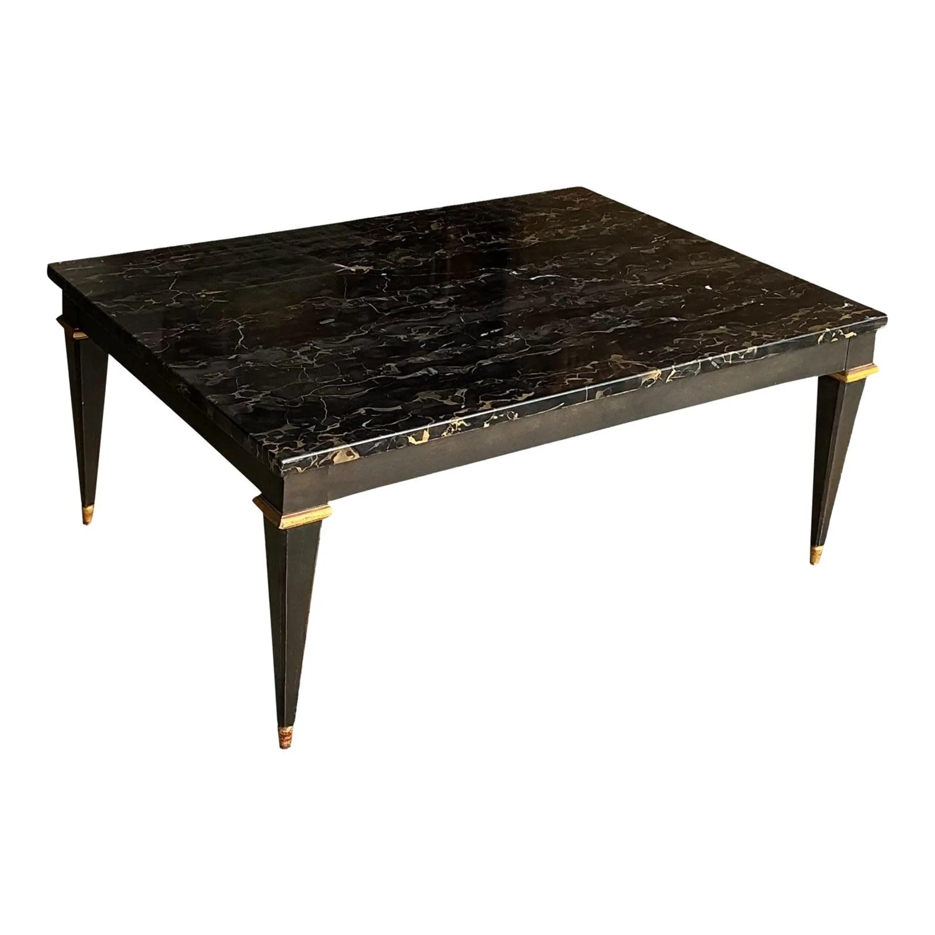 Neo-Classical Style Ebonized & Gilt Marble Top Coffee Table by Baker Furniture