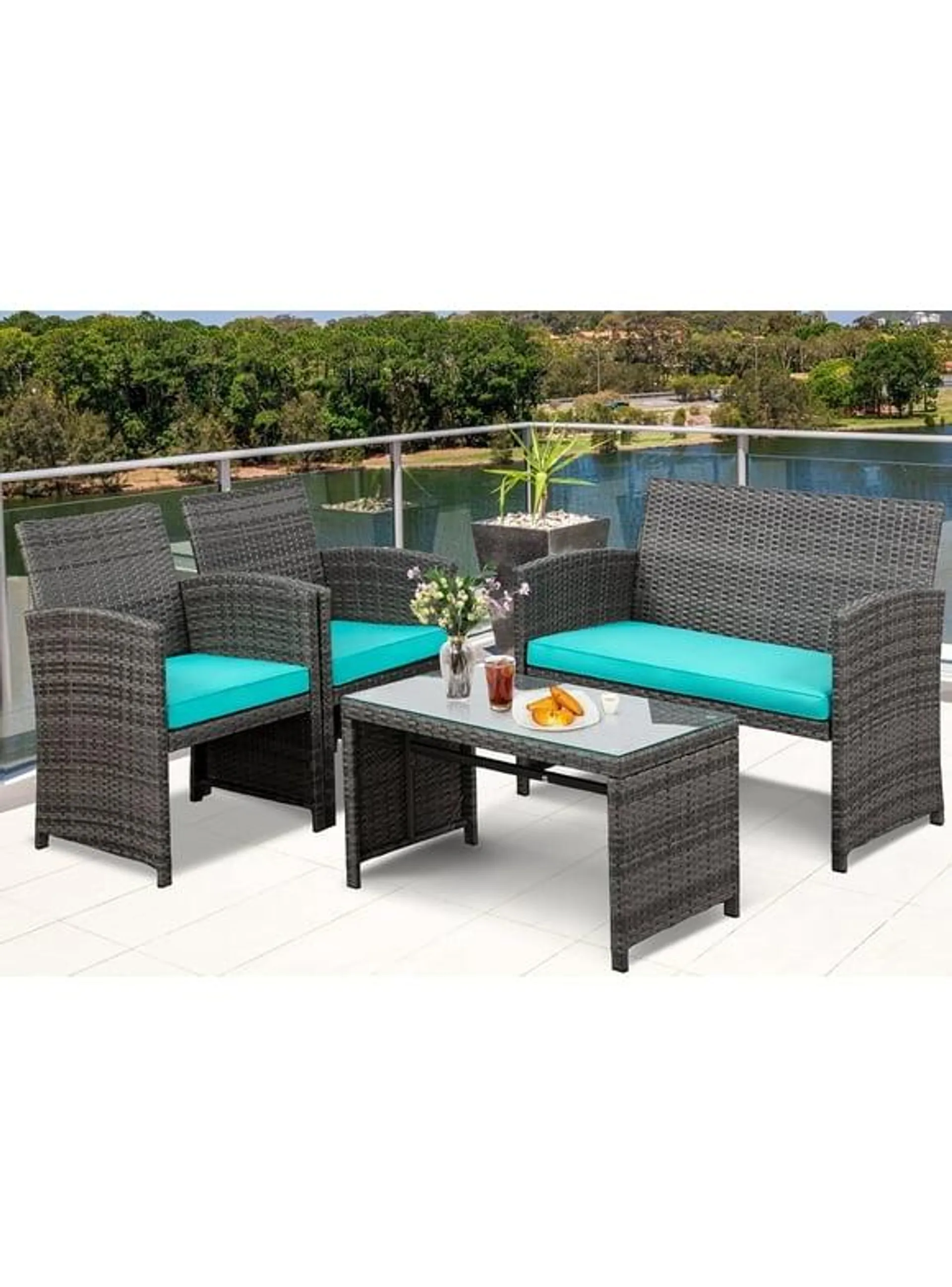 Walsunny 4 Piece Patio Ratten Set Outdoor Furniture Set Wicker Conversation Set with Cushions and Tempered Glass Tabletop Blue