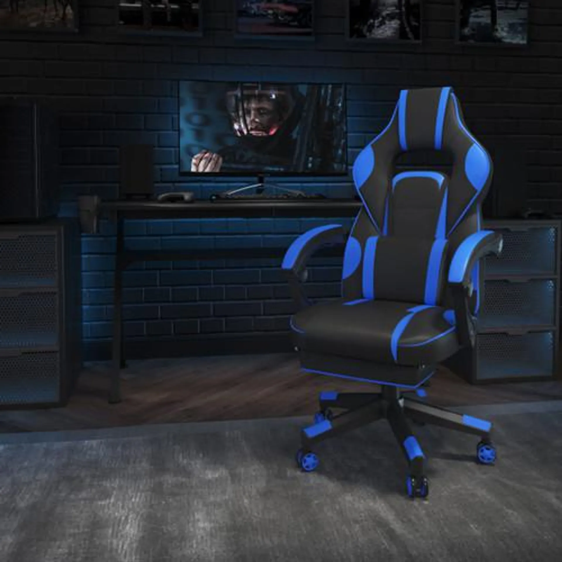 X40 Gaming Chair Racing Ergonomic Computer Chair with Fully Reclining Back/Arms, Slide-Out Footrest, Massaging Lumbar - Black/Blue - CH00288BLGG