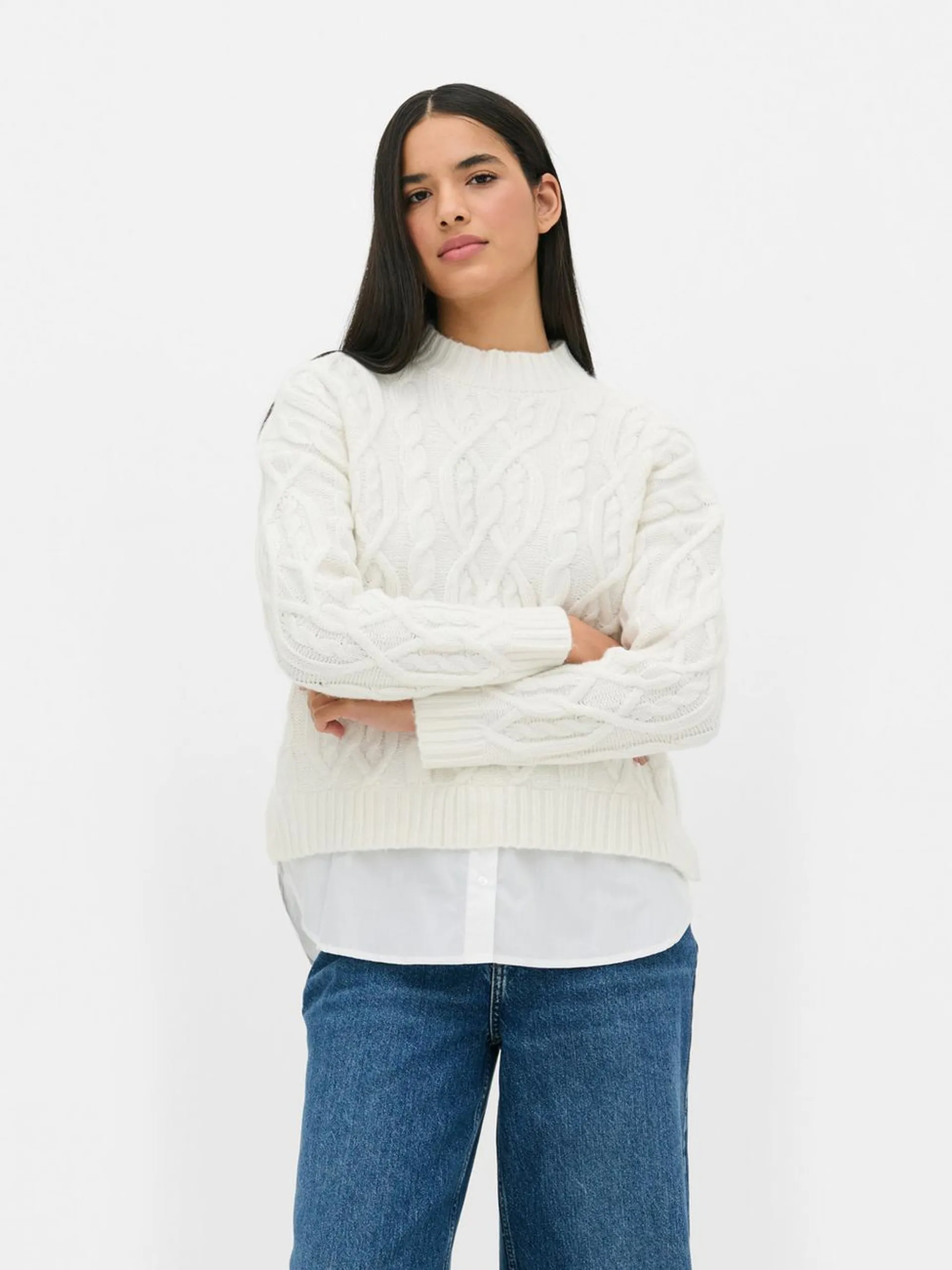 2-in-1 Cable Knit Sweater and Shirt