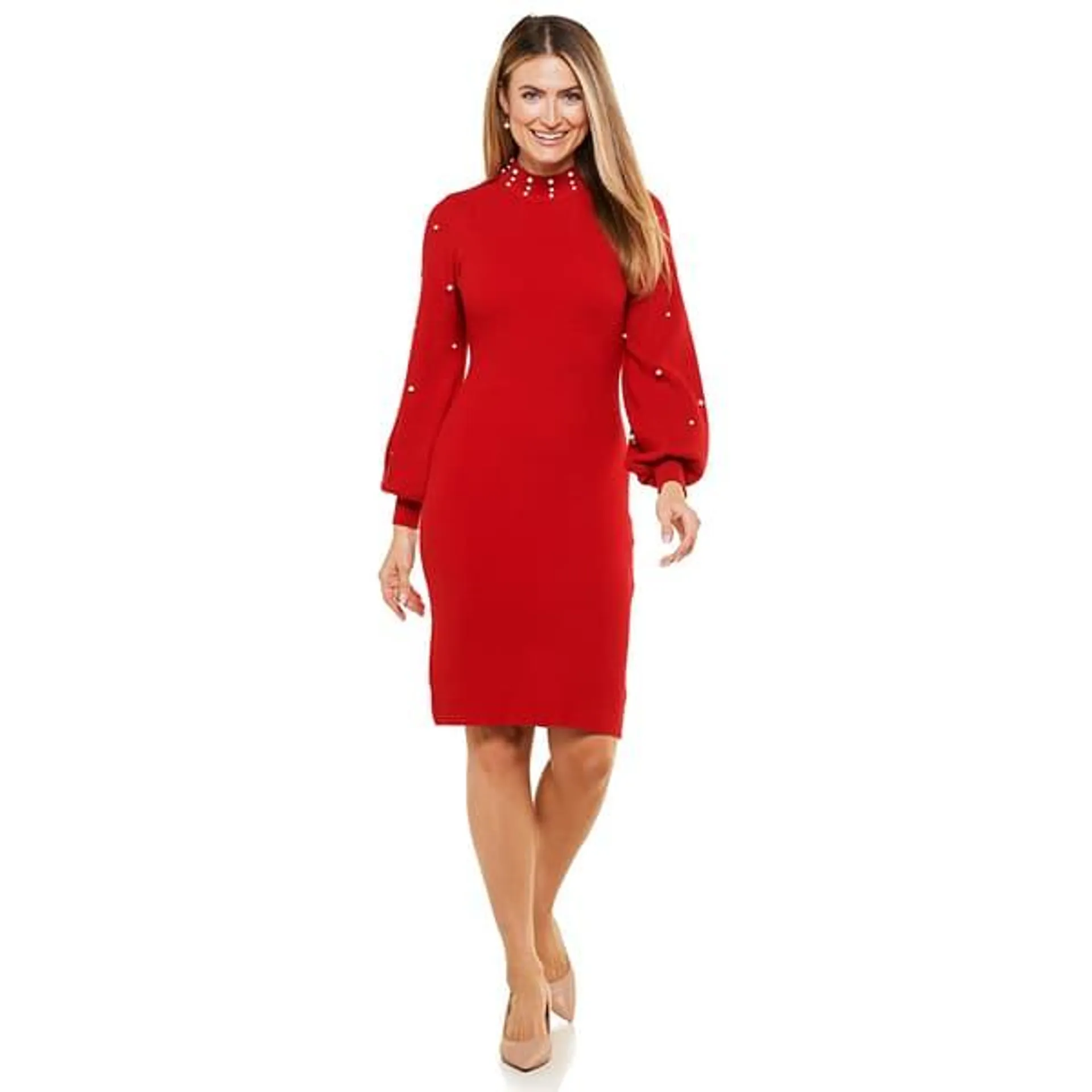 Womens Nina Leonard Long Sleeve Pearl Trim Sweater Dress