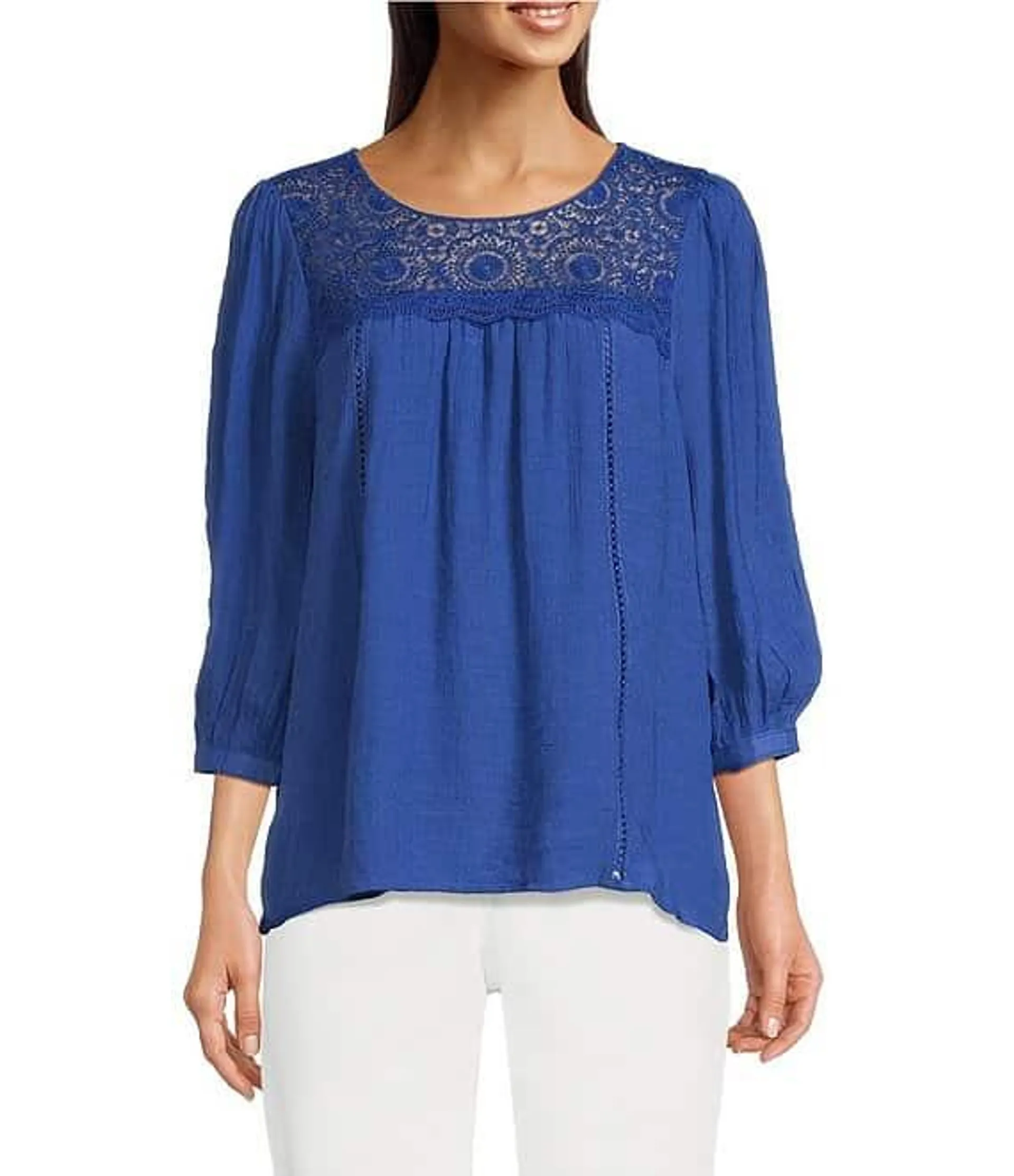 Solid Peasant Lace Yoke 3/4 Sleeve Blouse