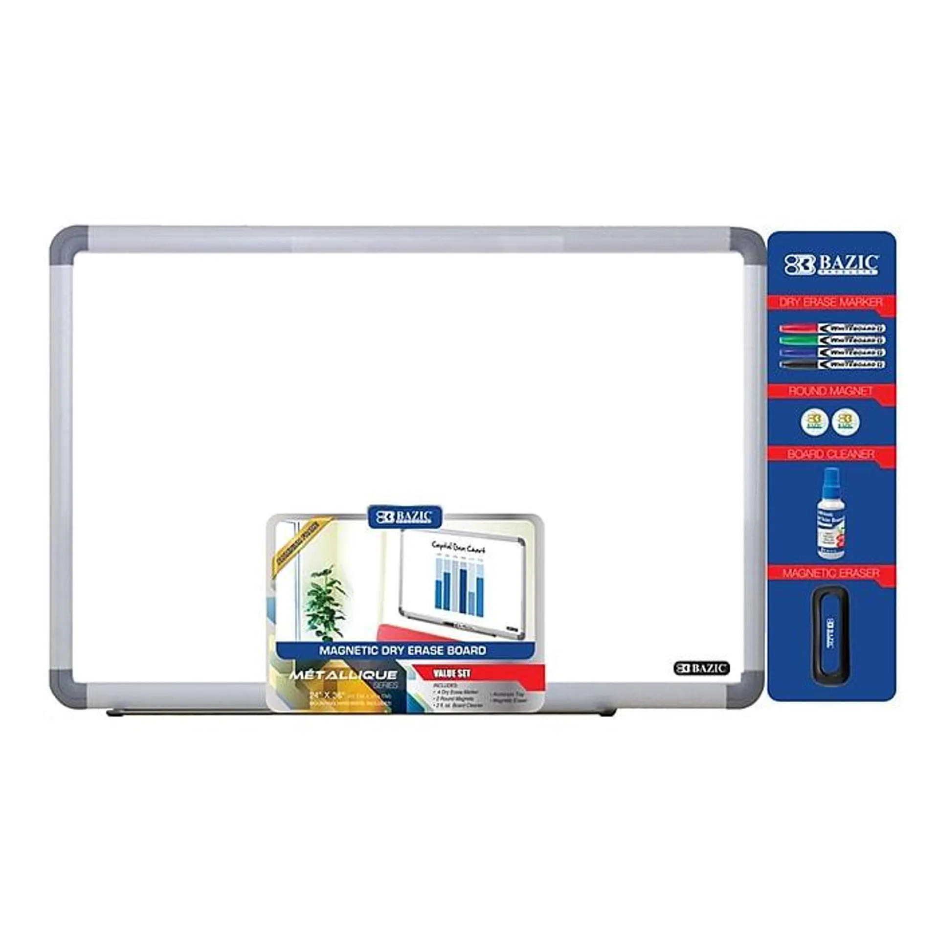 Magnetic Dry Erase Whiteboard, Aluminum Frame , 24" x 36" (BAZ6050)