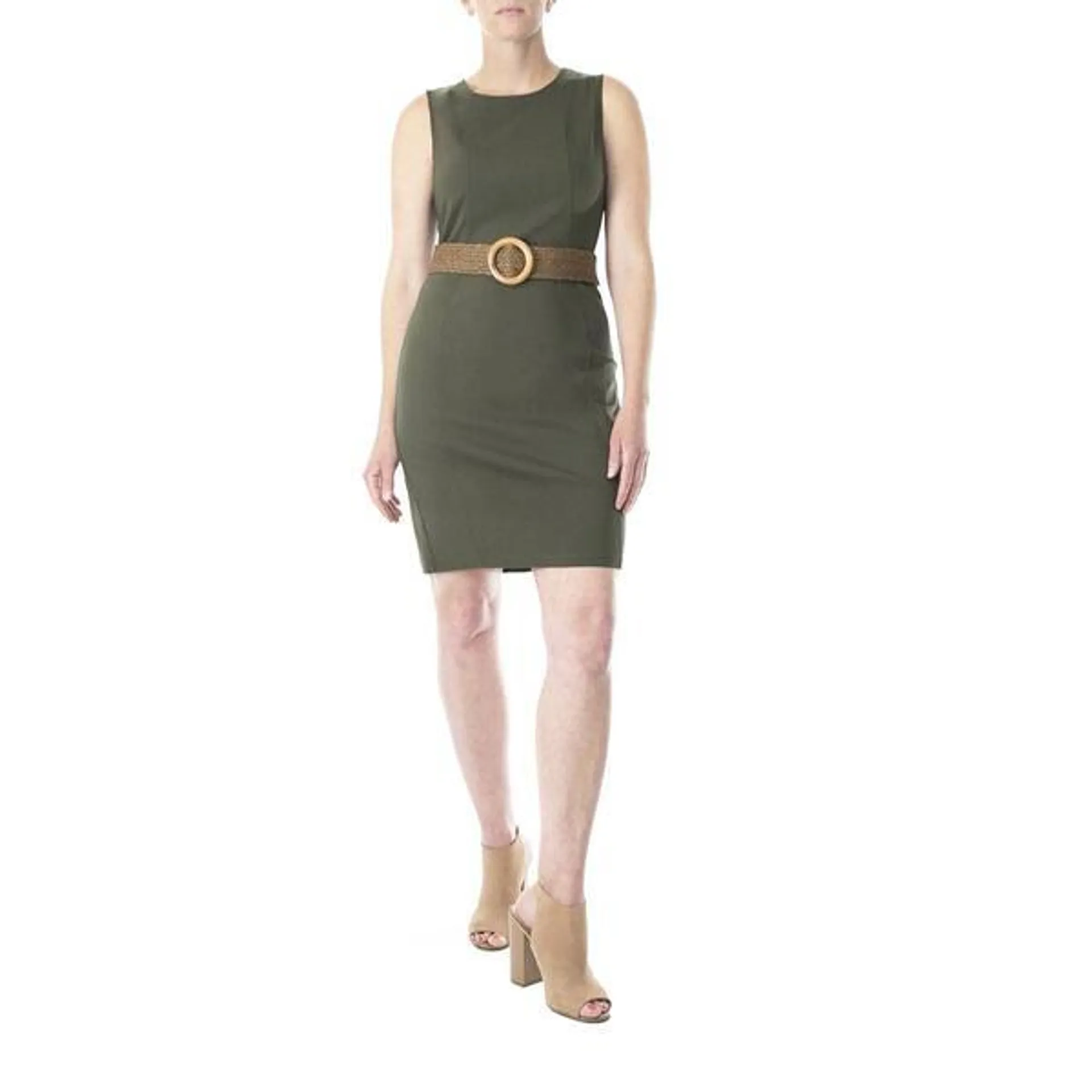 Womens Nina Leonard Sleeveless Millennium Belted Sheath Dress