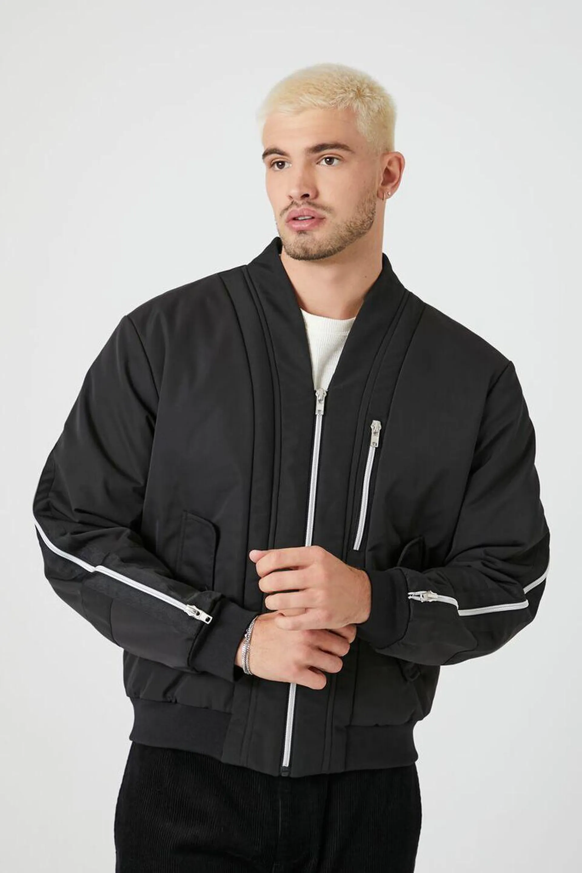 Zippered Drop-Sleeve Bomber Jacket