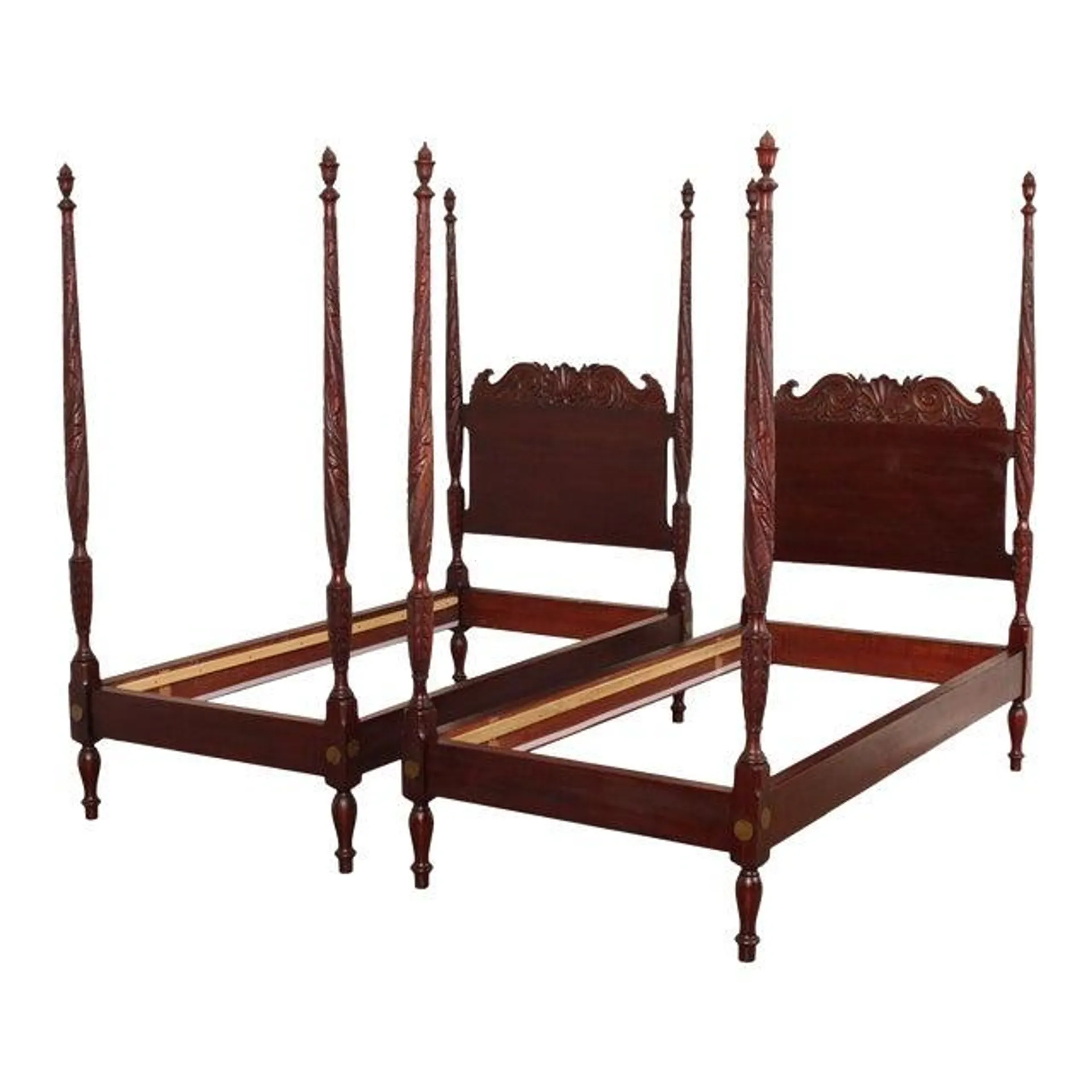 Antique American Mahogany Carved Poster Beds - a Pair