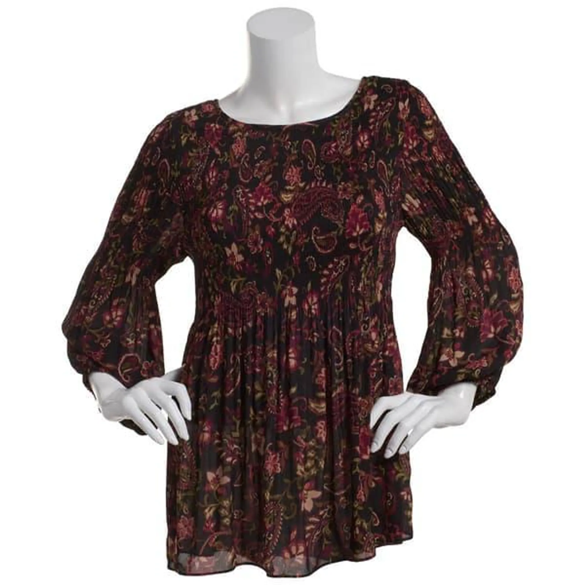 Plus Size Floral & Ivy 3/4 Paisley Neck Lurex Tunic Blouse