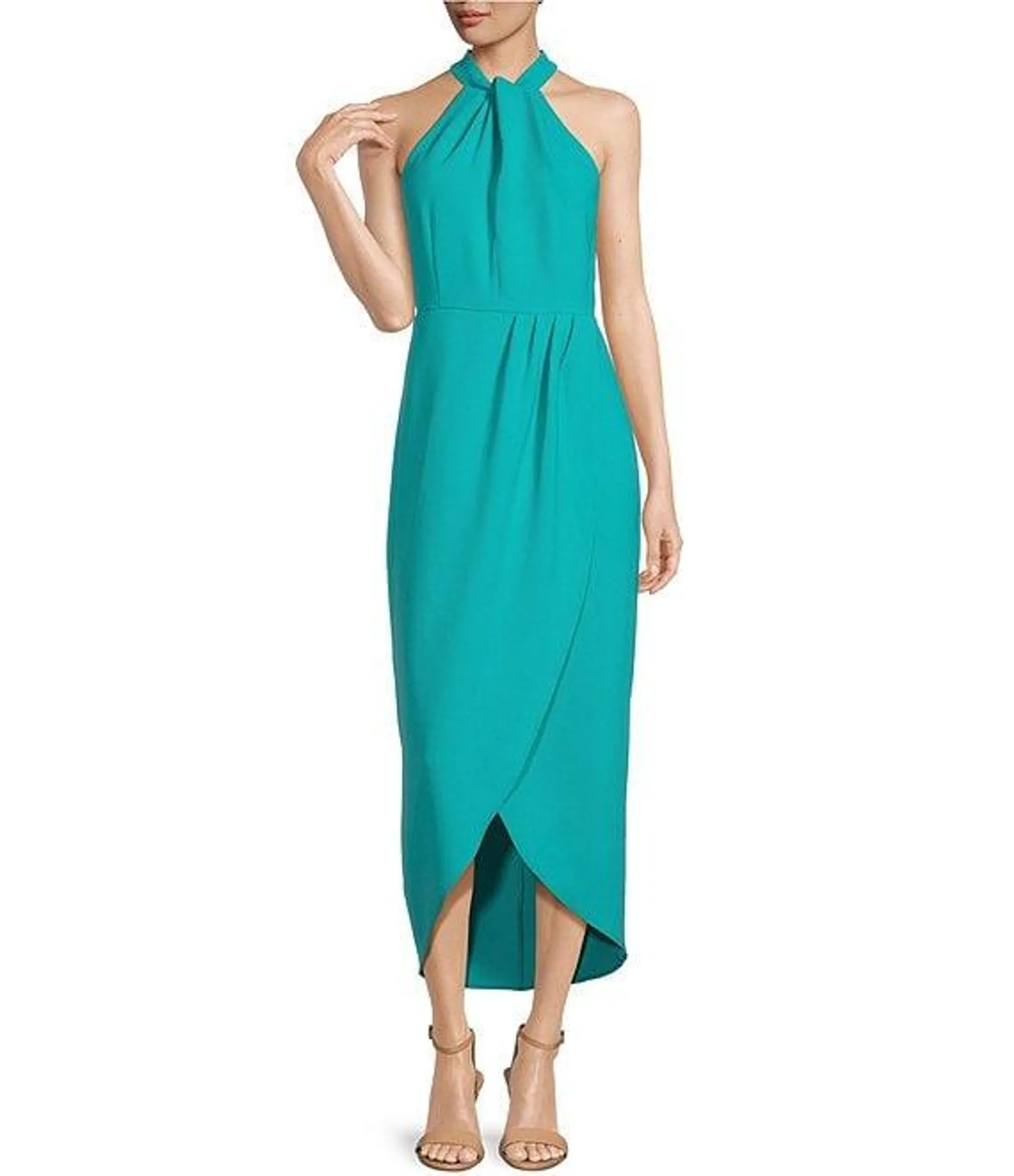 Knot Halter Neck Sleeveless Faux Wrap Tulip Hem Midi Dress