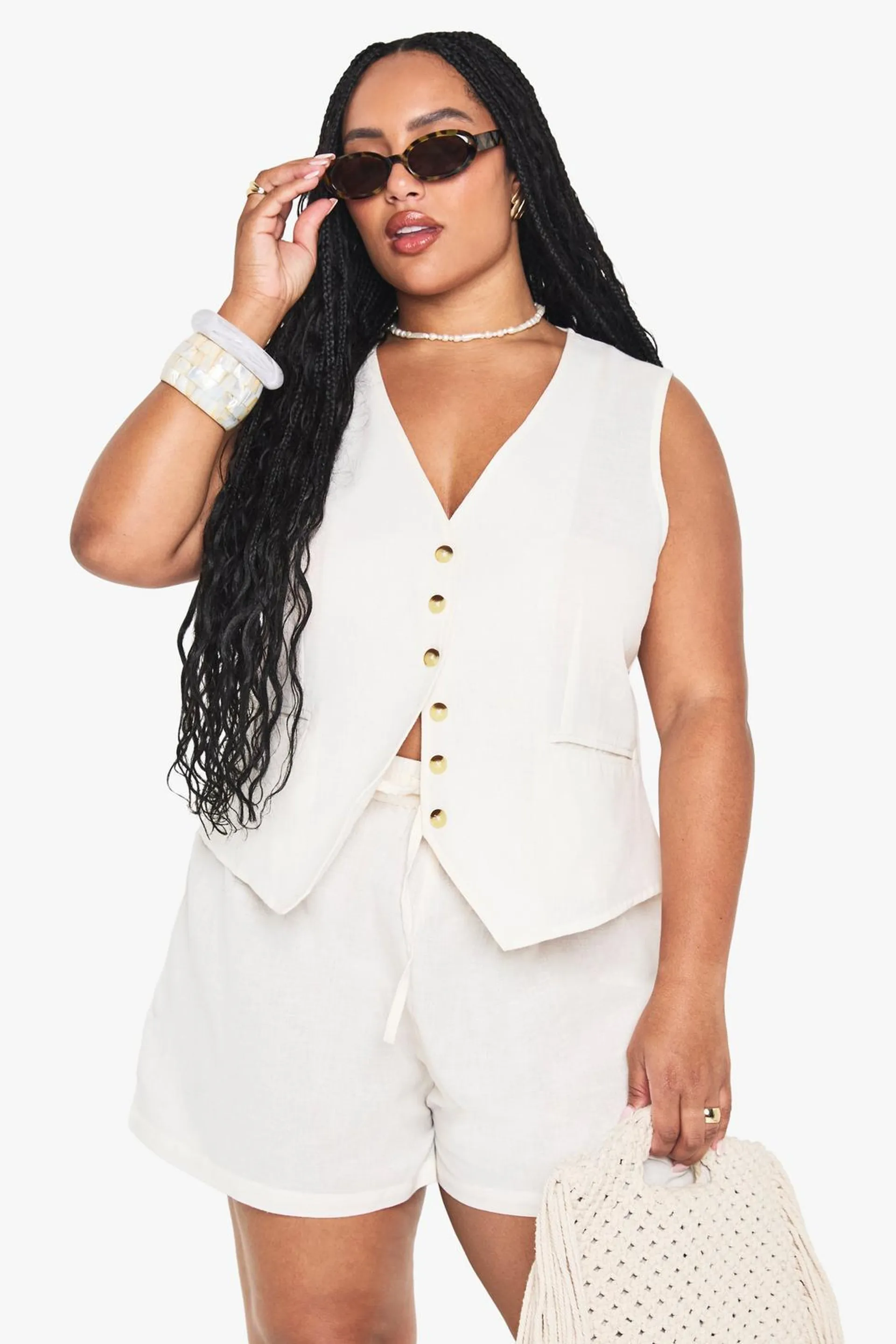 Plus Linen Look Waistcoat And Shorts Set