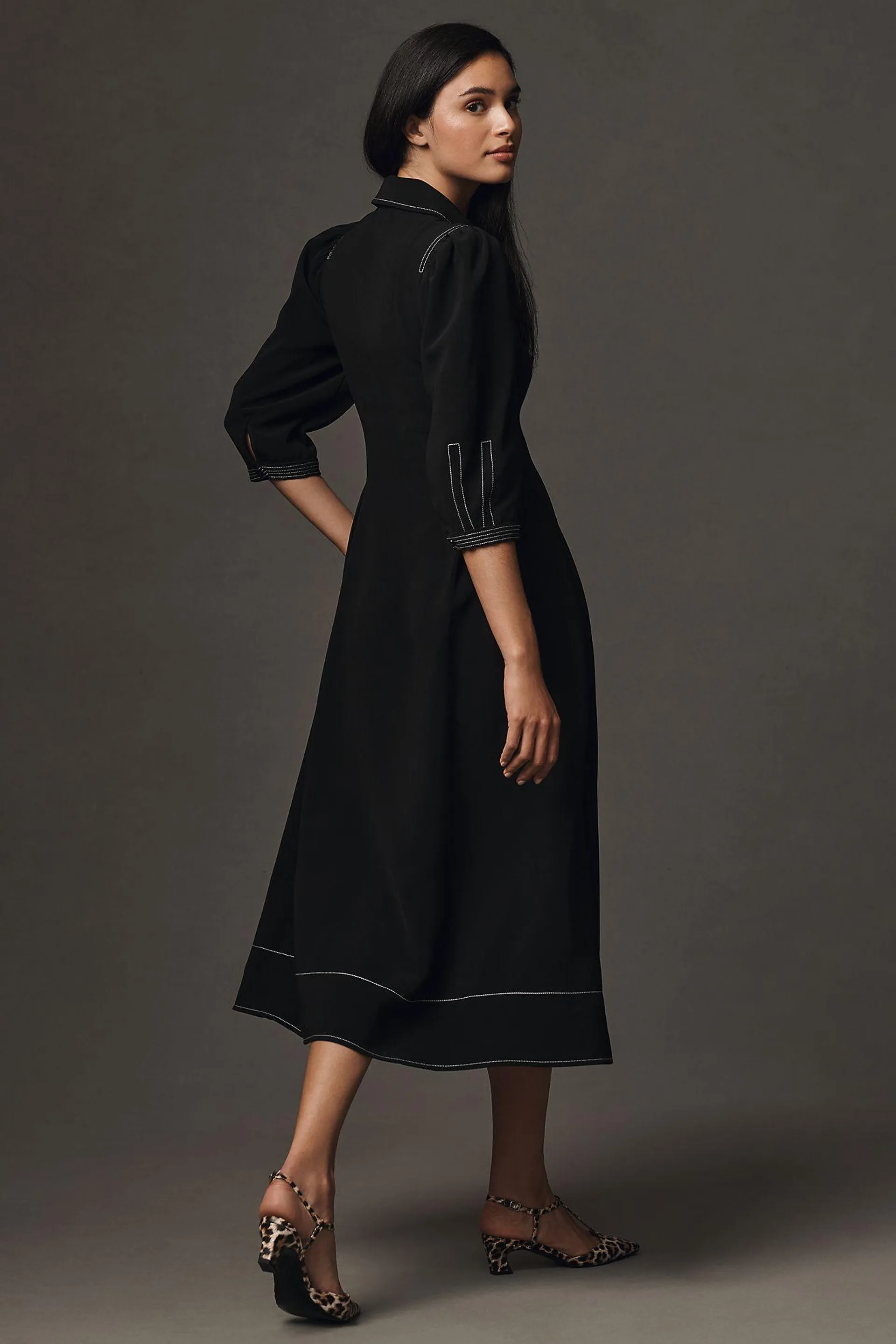 English Factory Long-Sleeve Collared Center-Pleat A-Line Midi Dress