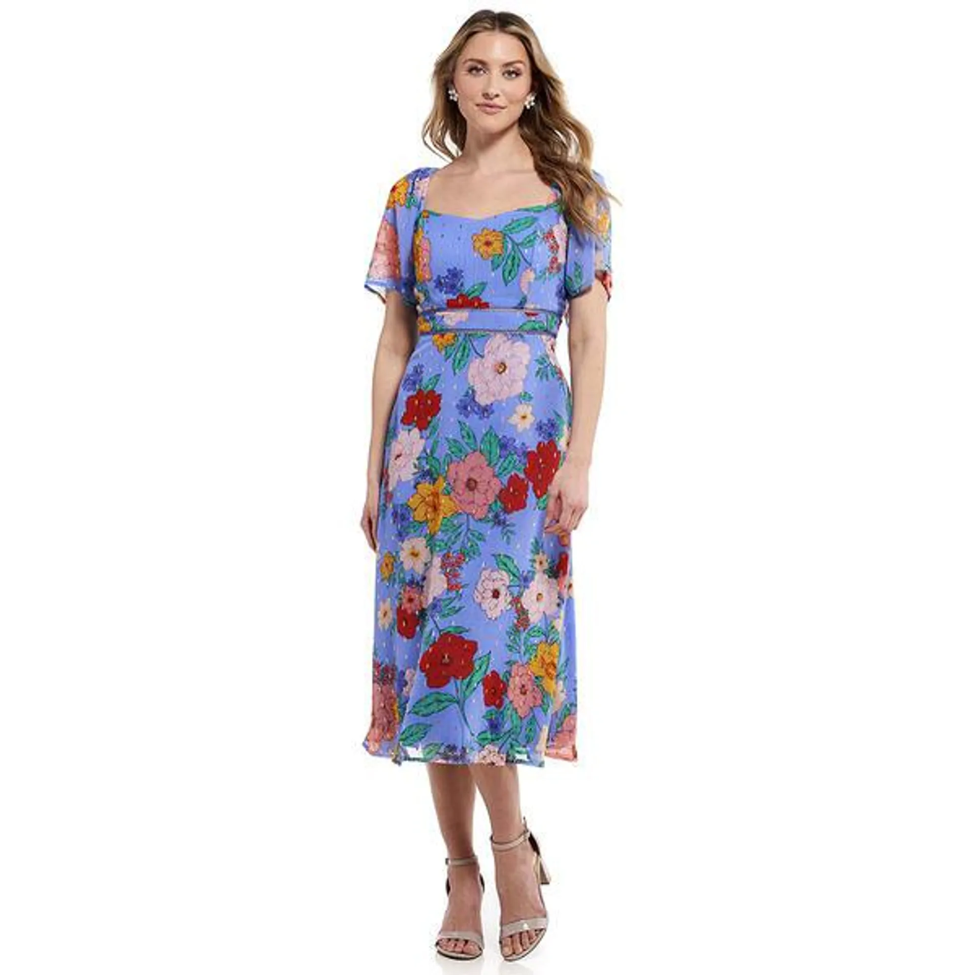 Womens Nina Leonard Flutter Sleeve Sweetheart Neck Midi Dress