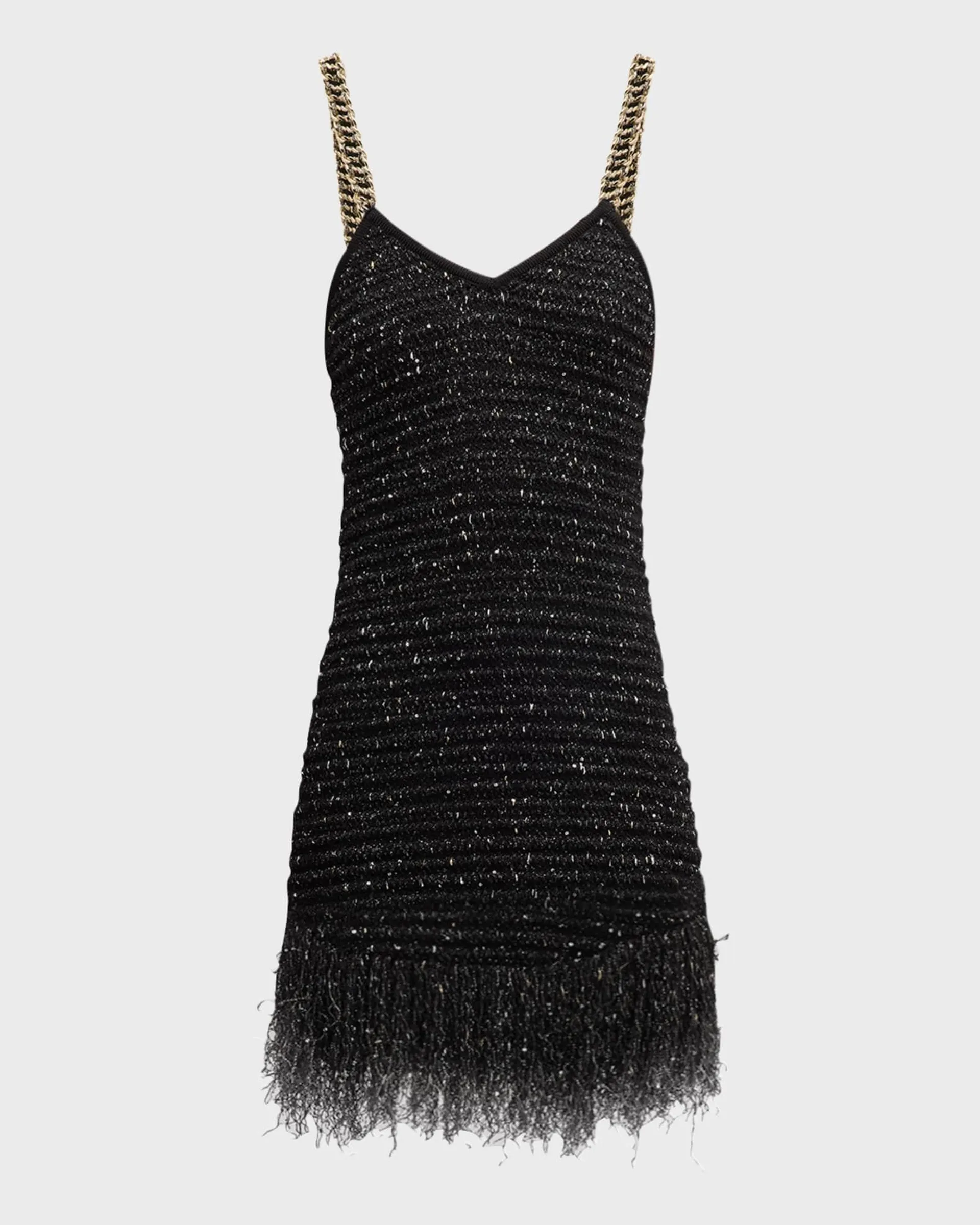 Fringed Hem Tweed Mini Dress with Chain Straps