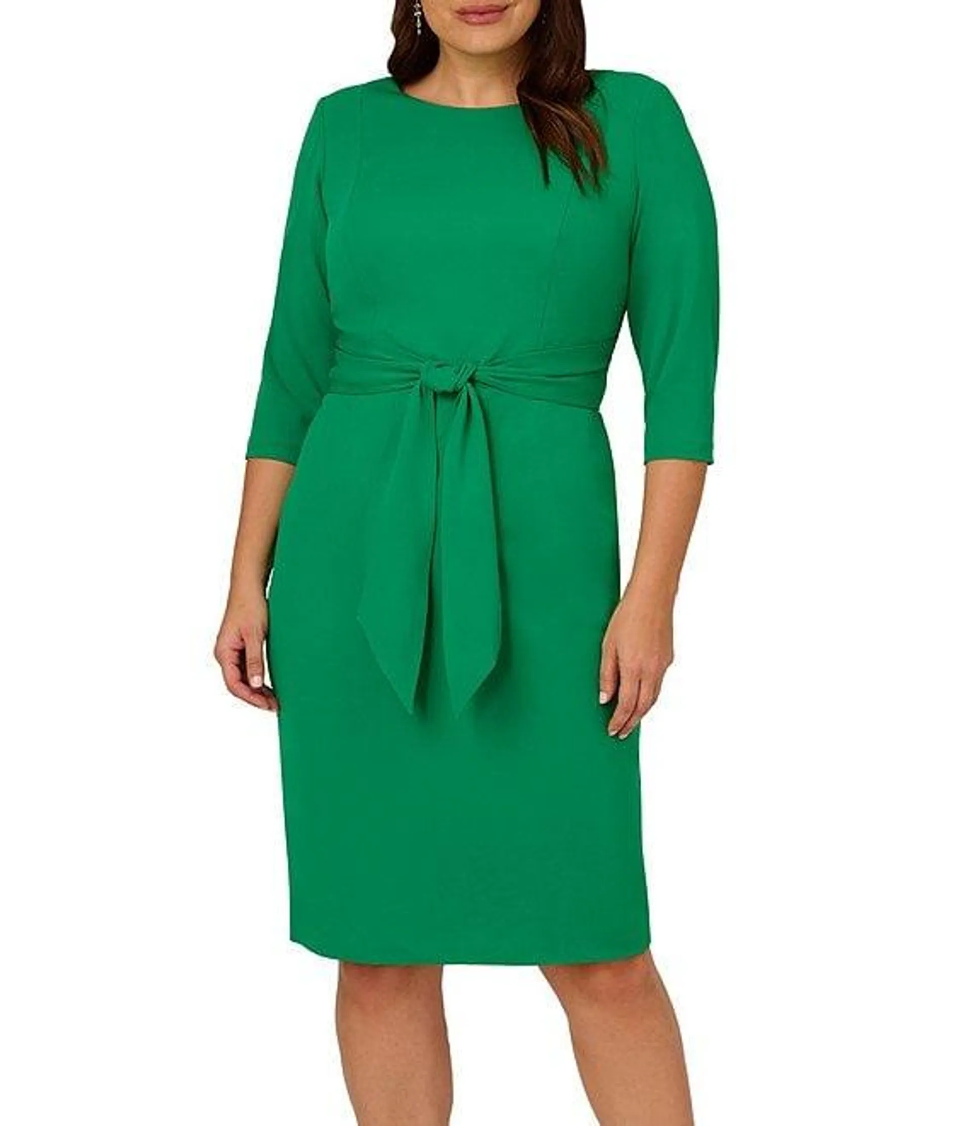 Plus Size Crepe Knit Tie Waist 3/4 Sleeve Round Neck Sheath Dress