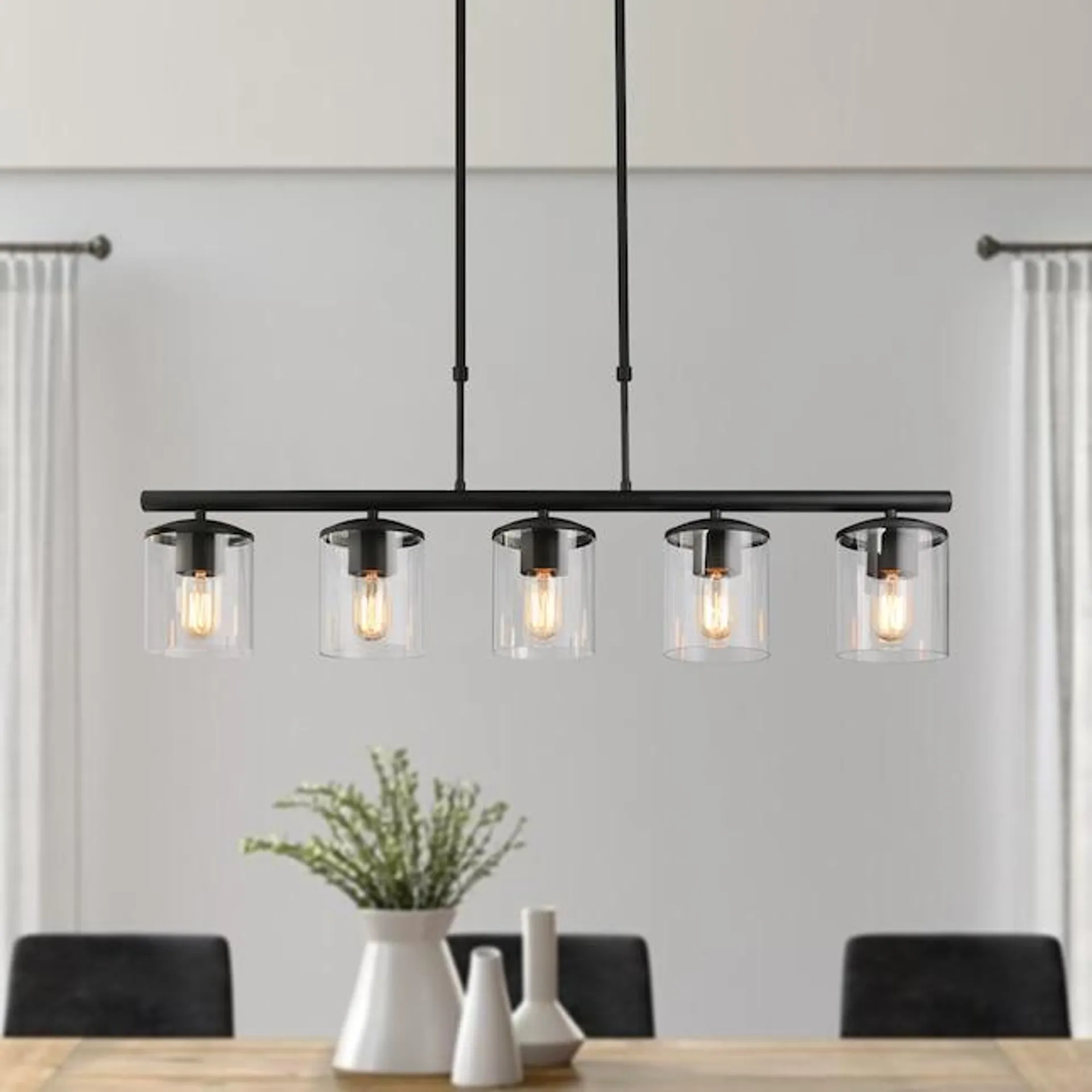 LNC Lapps 5-Light 37-in L Matte black and clear cylinder glass Farmhouse Clear Glass Linear LED Large Hanging Kitchen Island Light