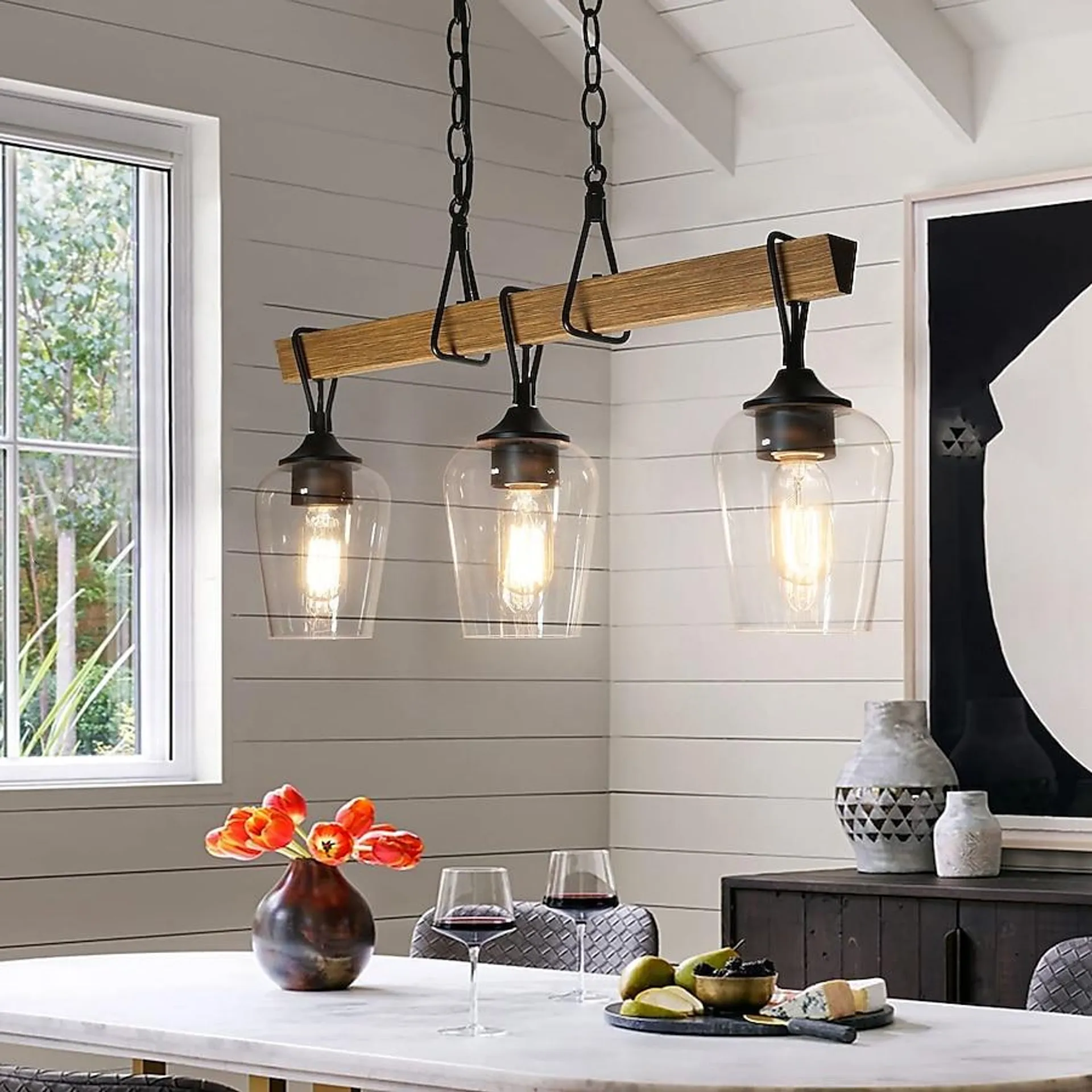 Uolfin 3-Light 25-in Distressed Black and Wood Tone Farmhouse Clear Glass Linear LED Large Hanging Kitchen Island Light