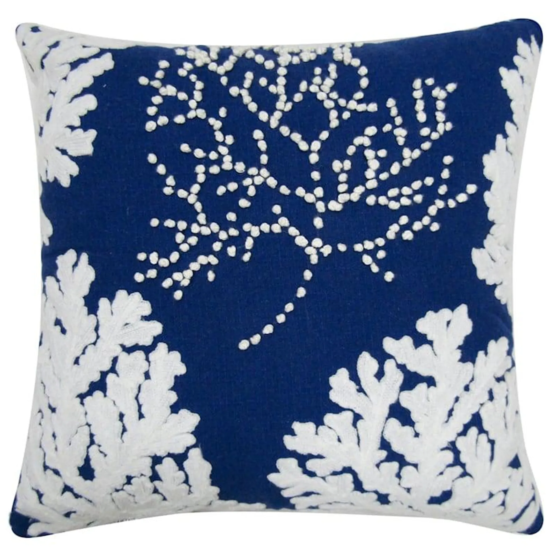 Coral Embroidered Blue & White Throw Pillow, 18"