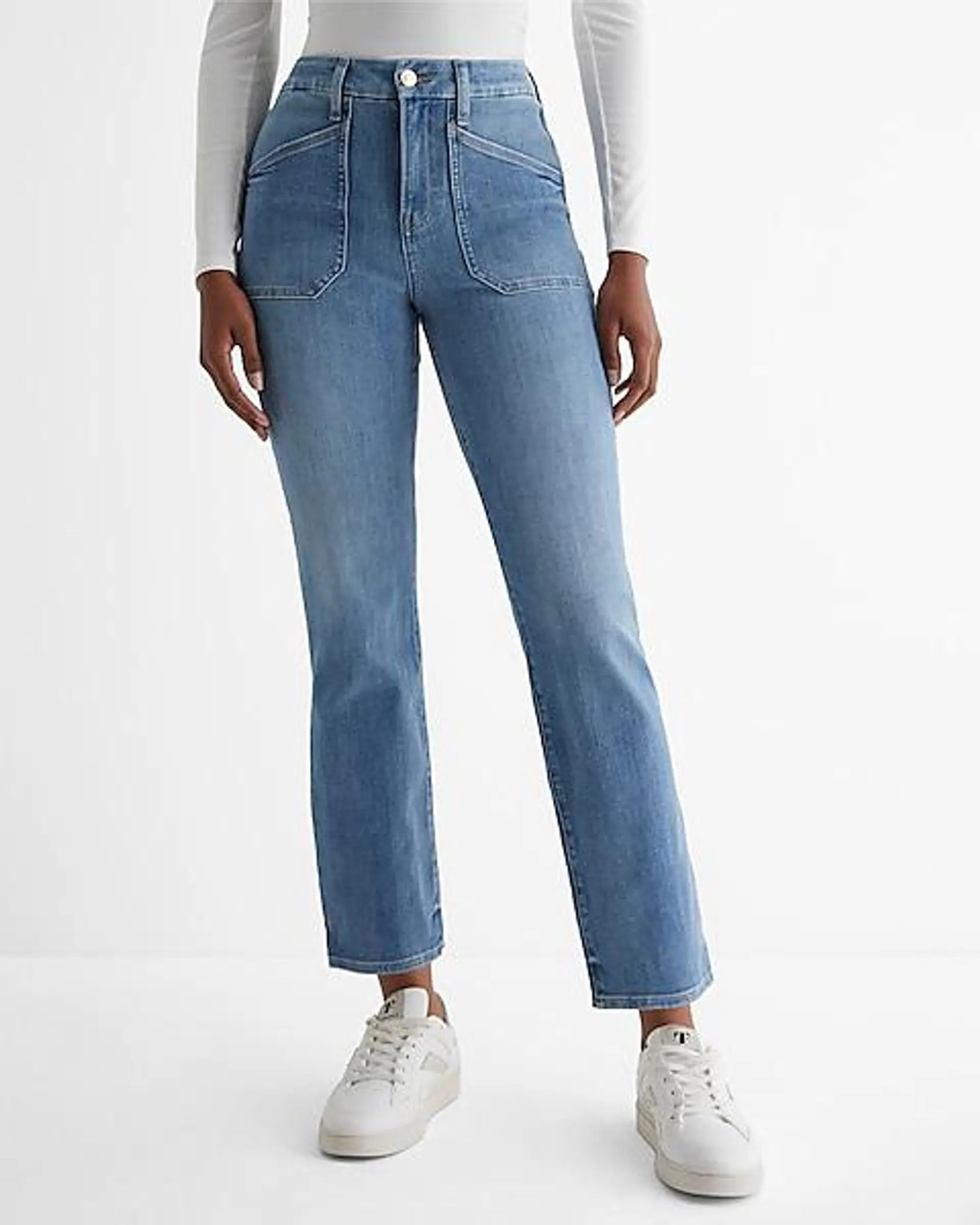 High Waisted Medium Wash FlexX Straight Ankle Jeans