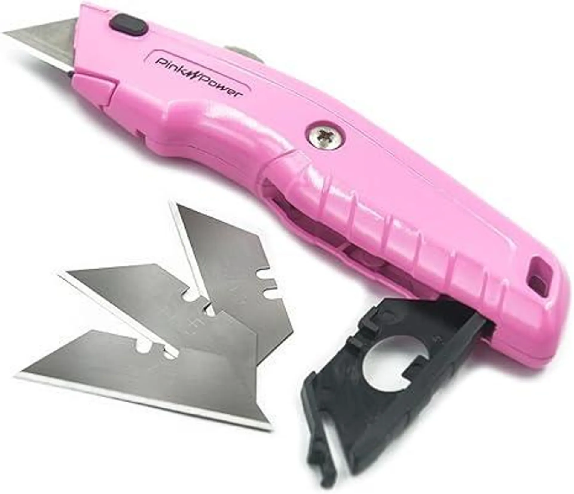 Pink Power Pink Box Cutter Retractable, Pink Utility Knife for Carpet, Cute Box Cutter Knife Heavy Duty with 3 Blades and Storage Compartment - Box Opener Pocket Utility Pink Knife Tools for Women