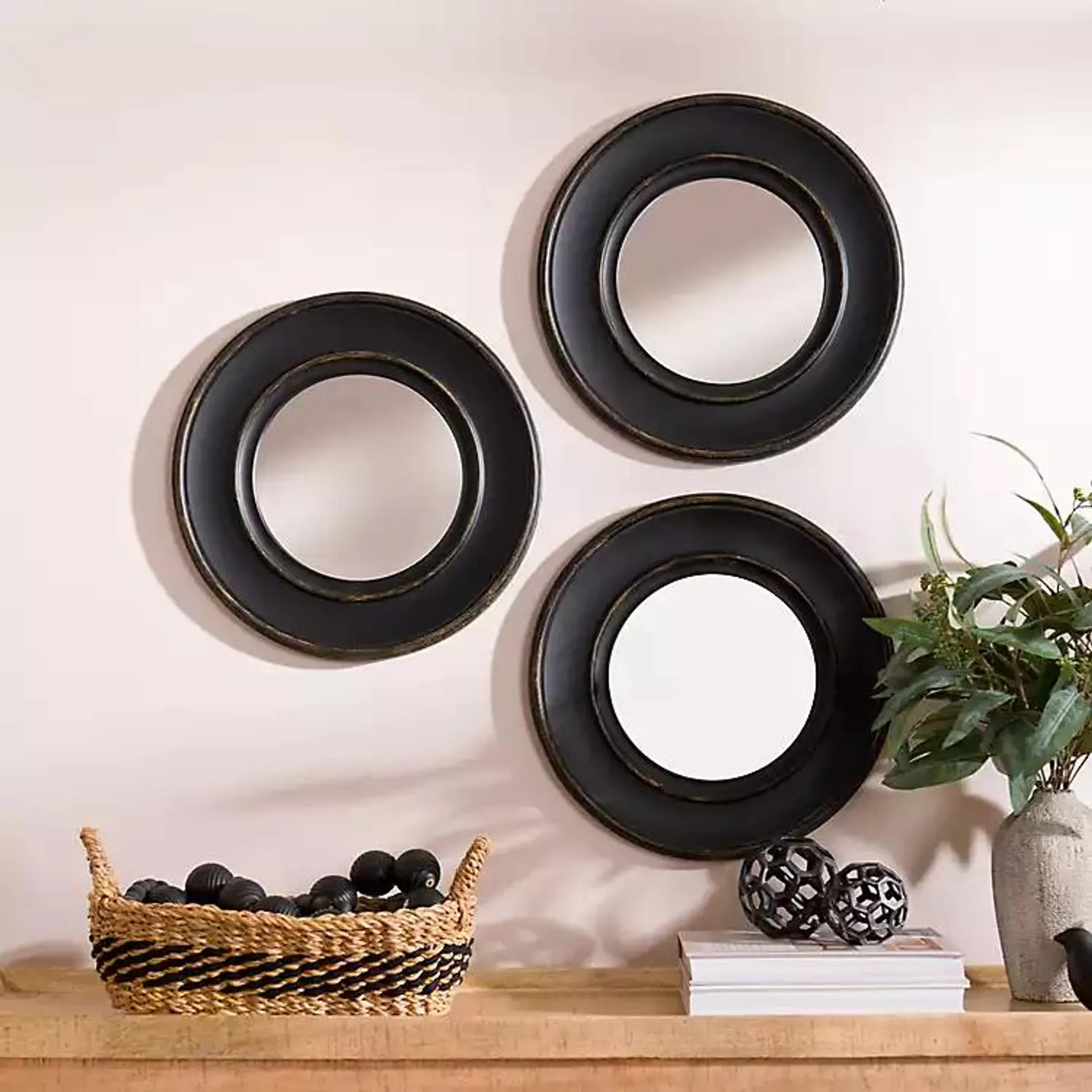 Round Black Framed Wall Mirrors, Set of 3