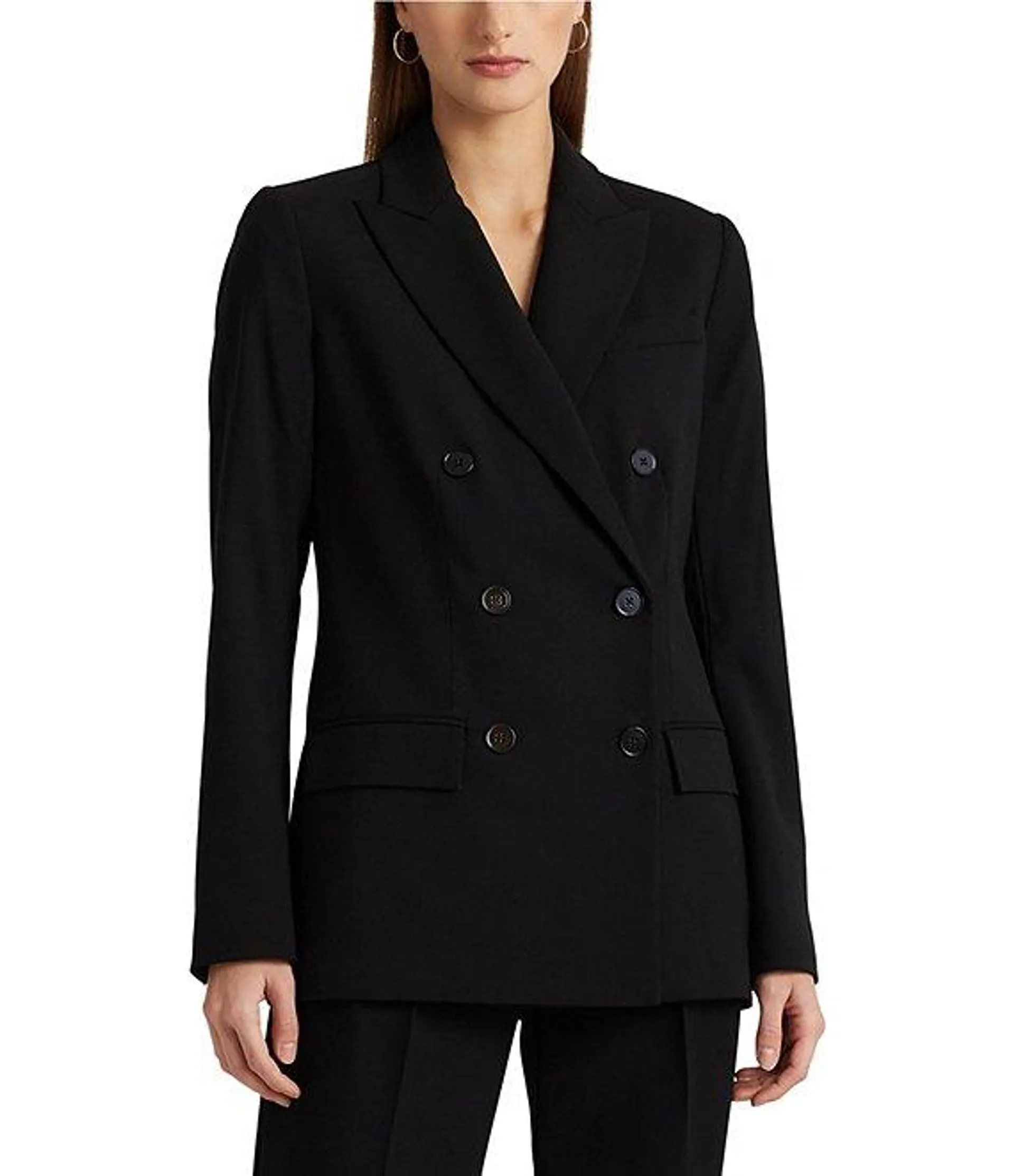 Double Breasted Wool Crepe Notch Lapel Long Sleeve Blazer