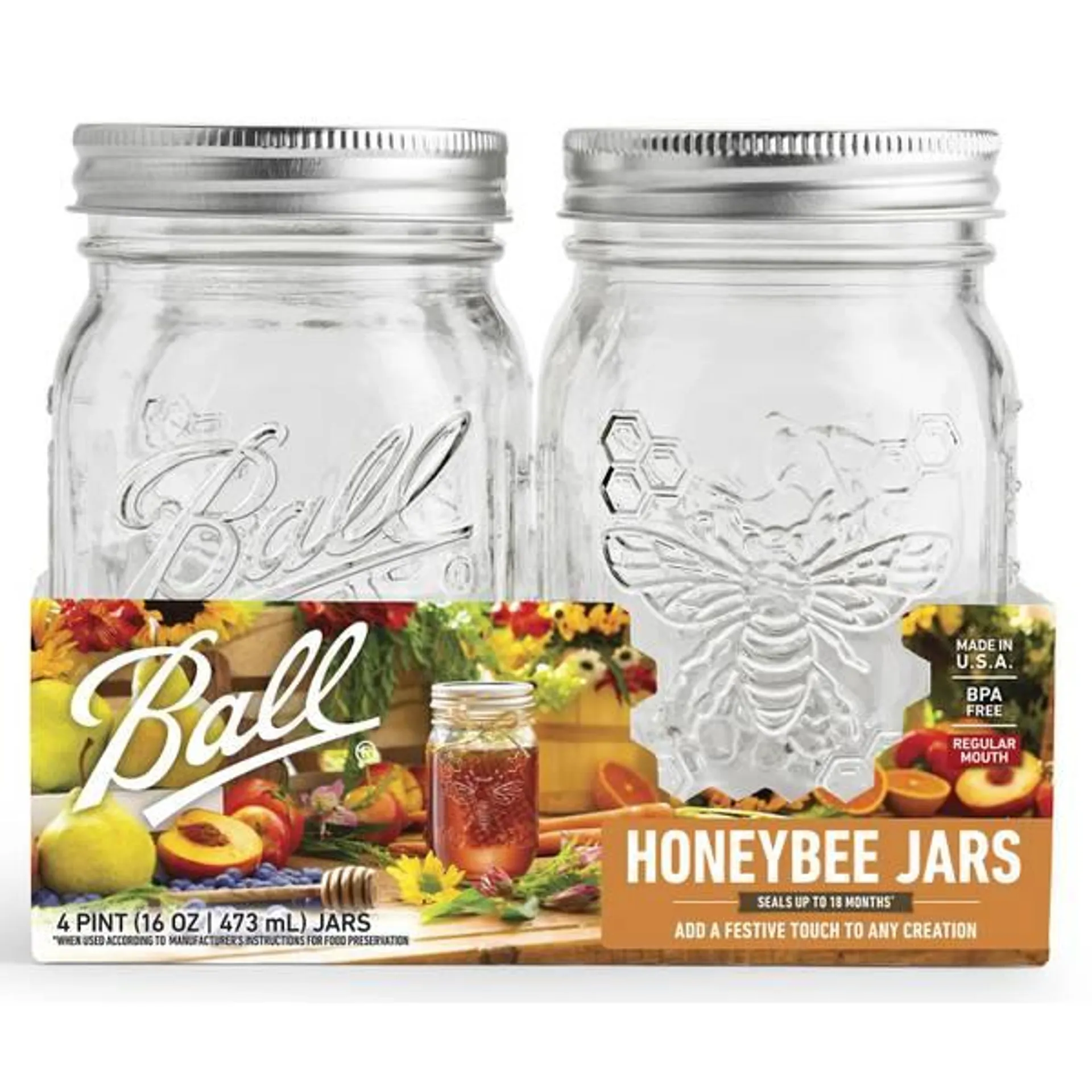 4-Pack 16 oz Honeybee Keepsake Regular Mouth Mason Jars and Lids