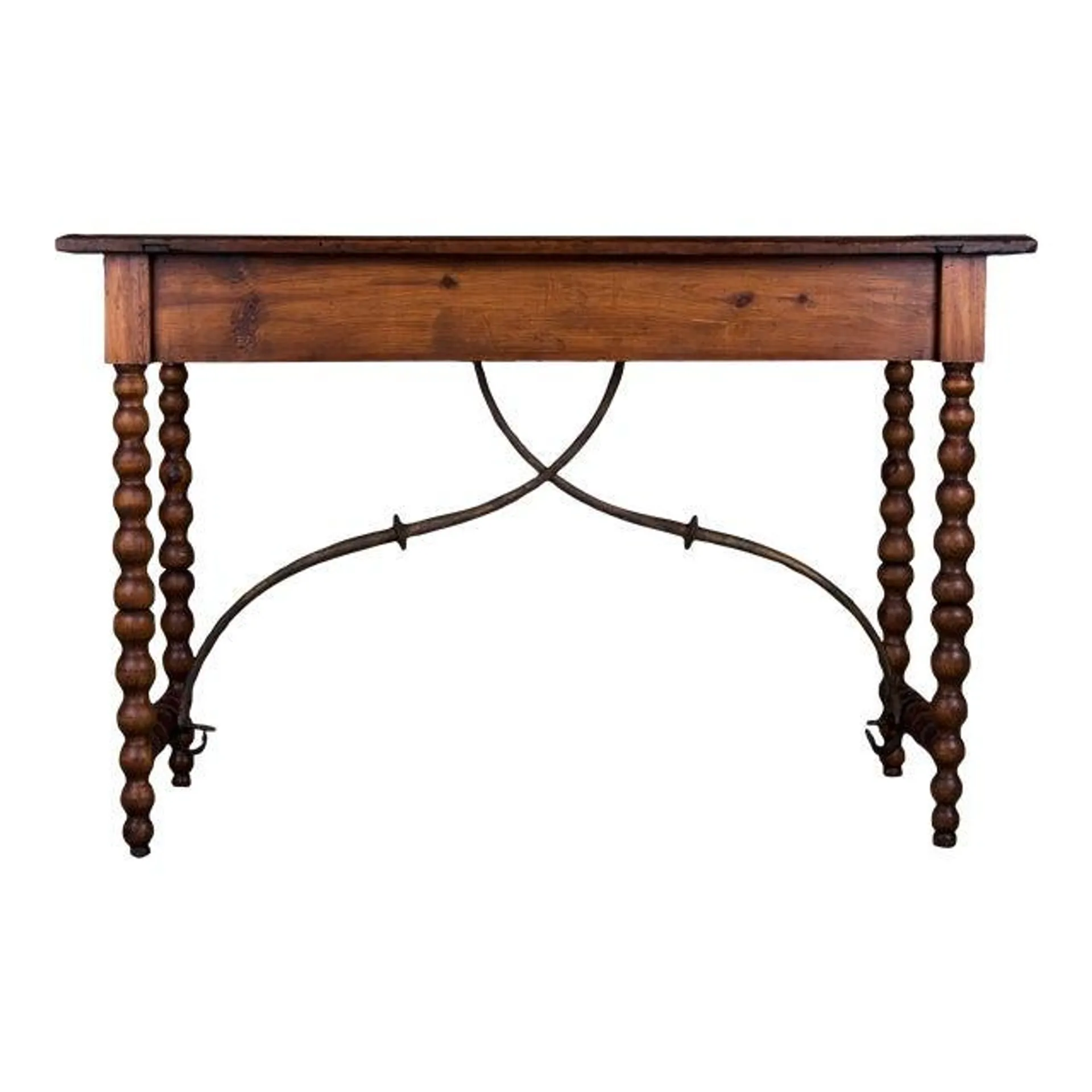 Antique Spanish Baroque Pine Console Table W/ Wrought Iron Stretcher