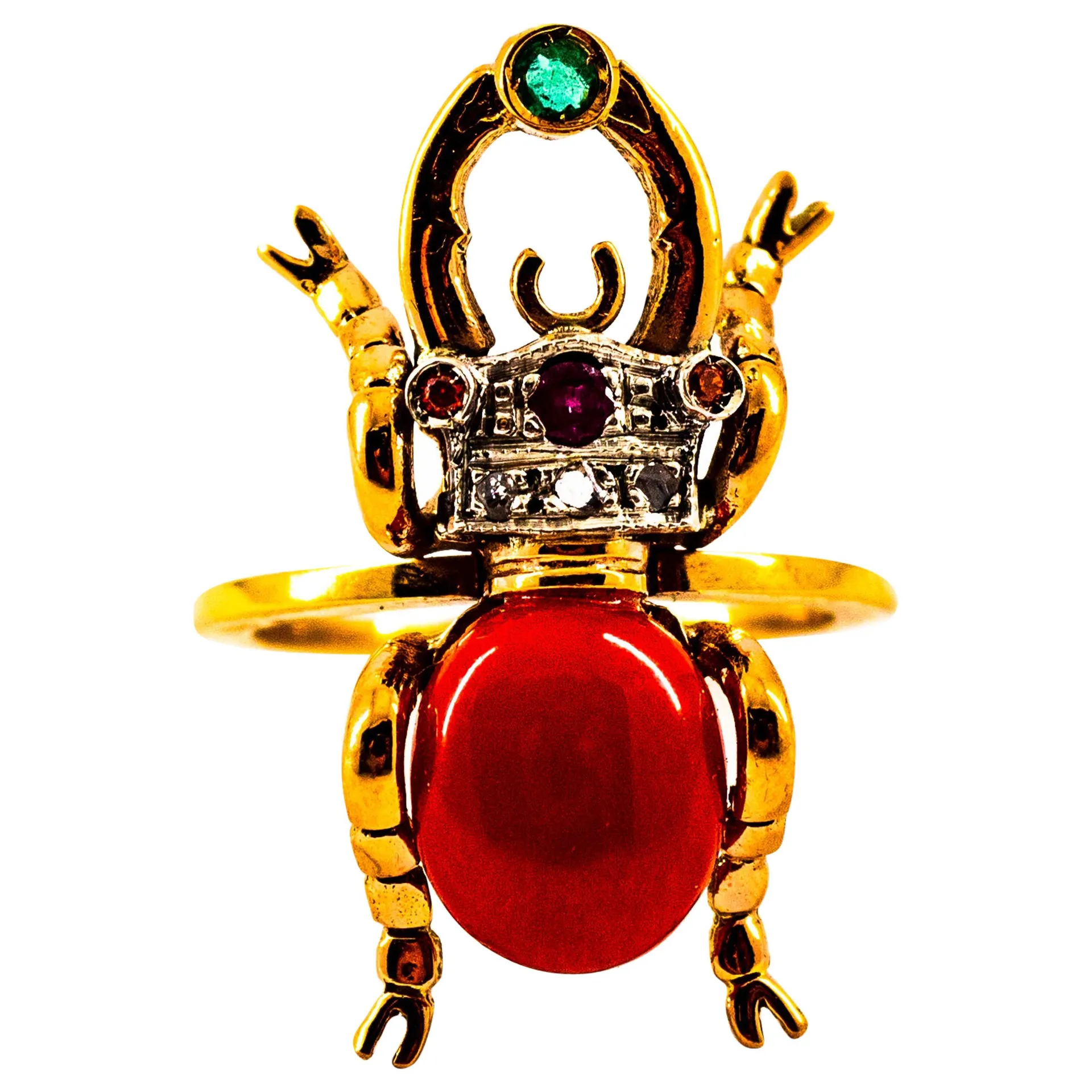 Art Nouveau Style White Diamond Emerald Ruby Red Coral Yellow Gold Cocktail Ring