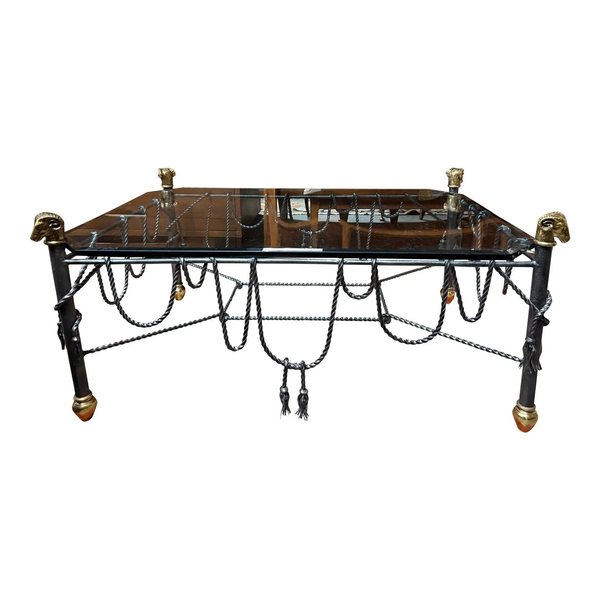 Maison Jansen Style Iron Rope and Tassel Rams Head Cocktail Table