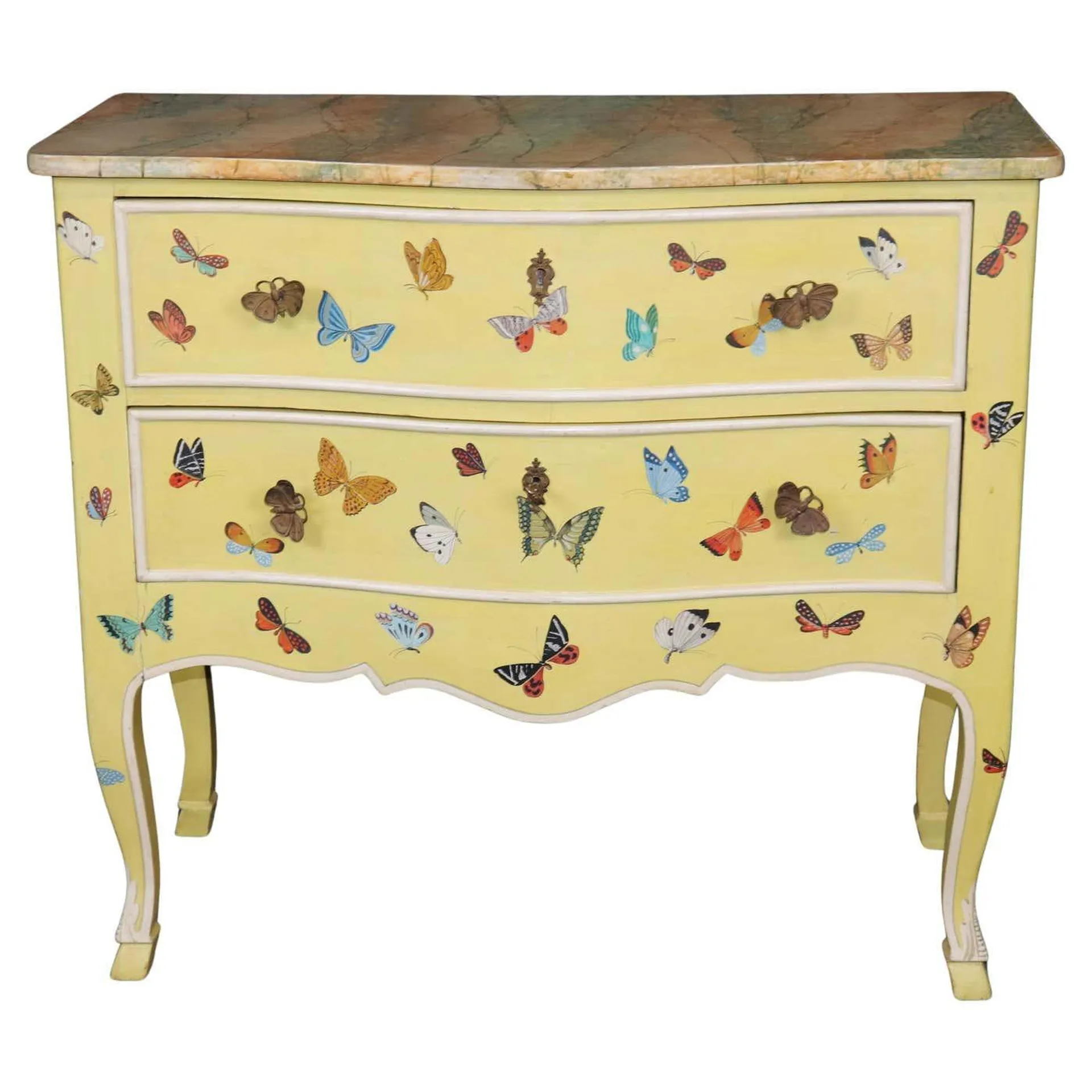 Charming Butterfly Paint Decorated French Louis XV Style Commode