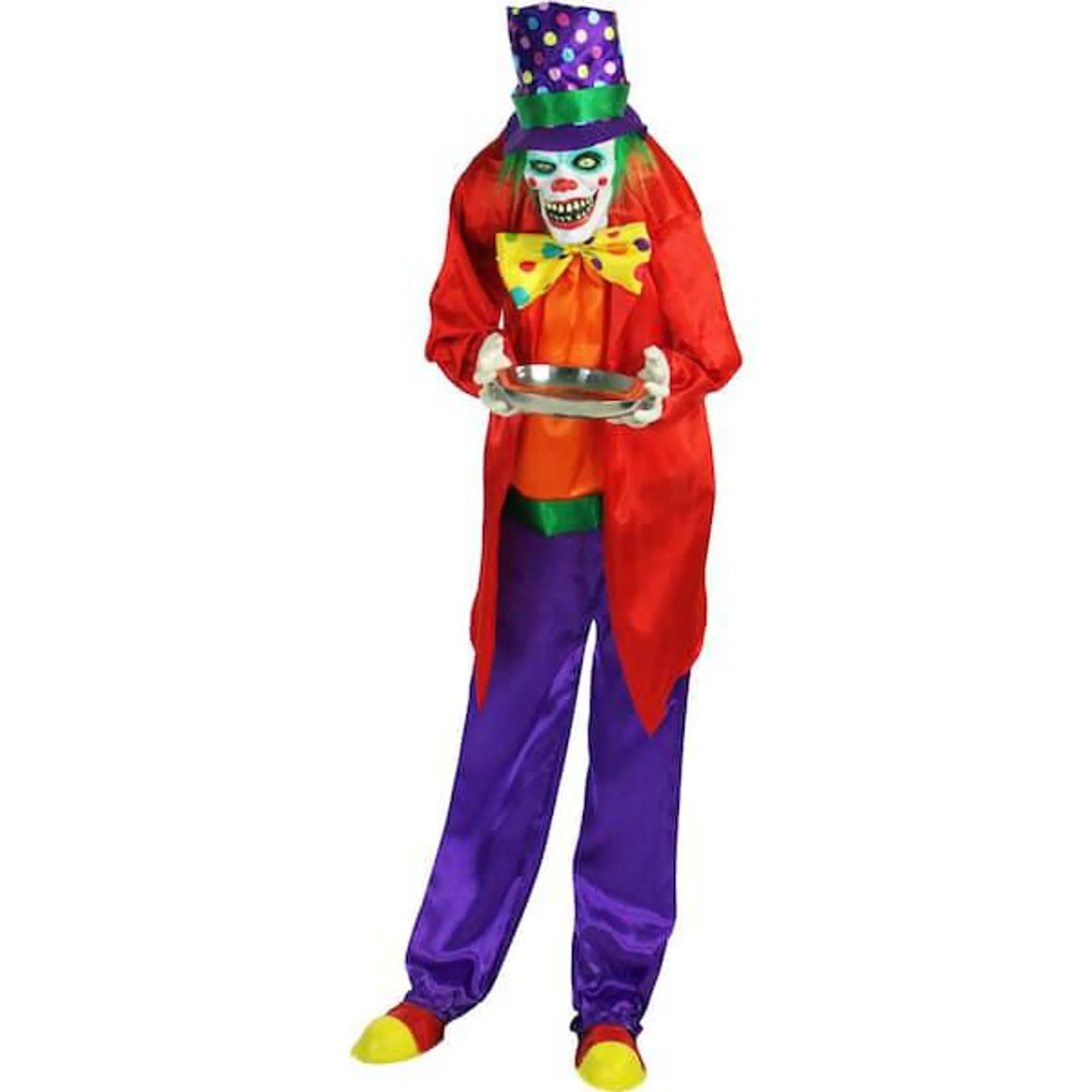 71 in. Touch Activated Animatronic Clown, Indoor/Outdoor Halloween Decoration, Flashing Red Eyes, Poseable, Battery-Op