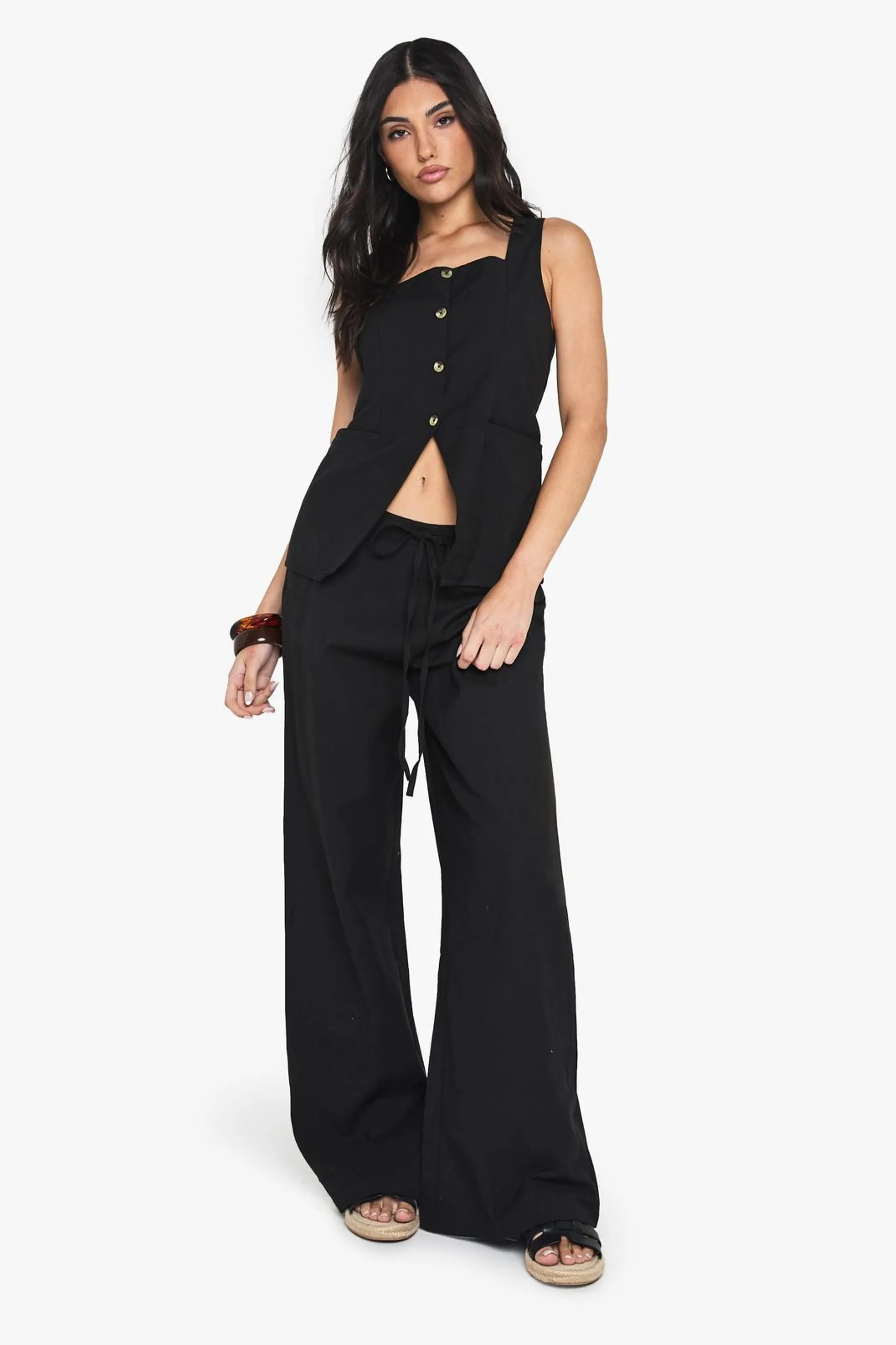 Linen Look Square Neck Waistcoat And Tailored Wide Leg Trousers Co-Ord