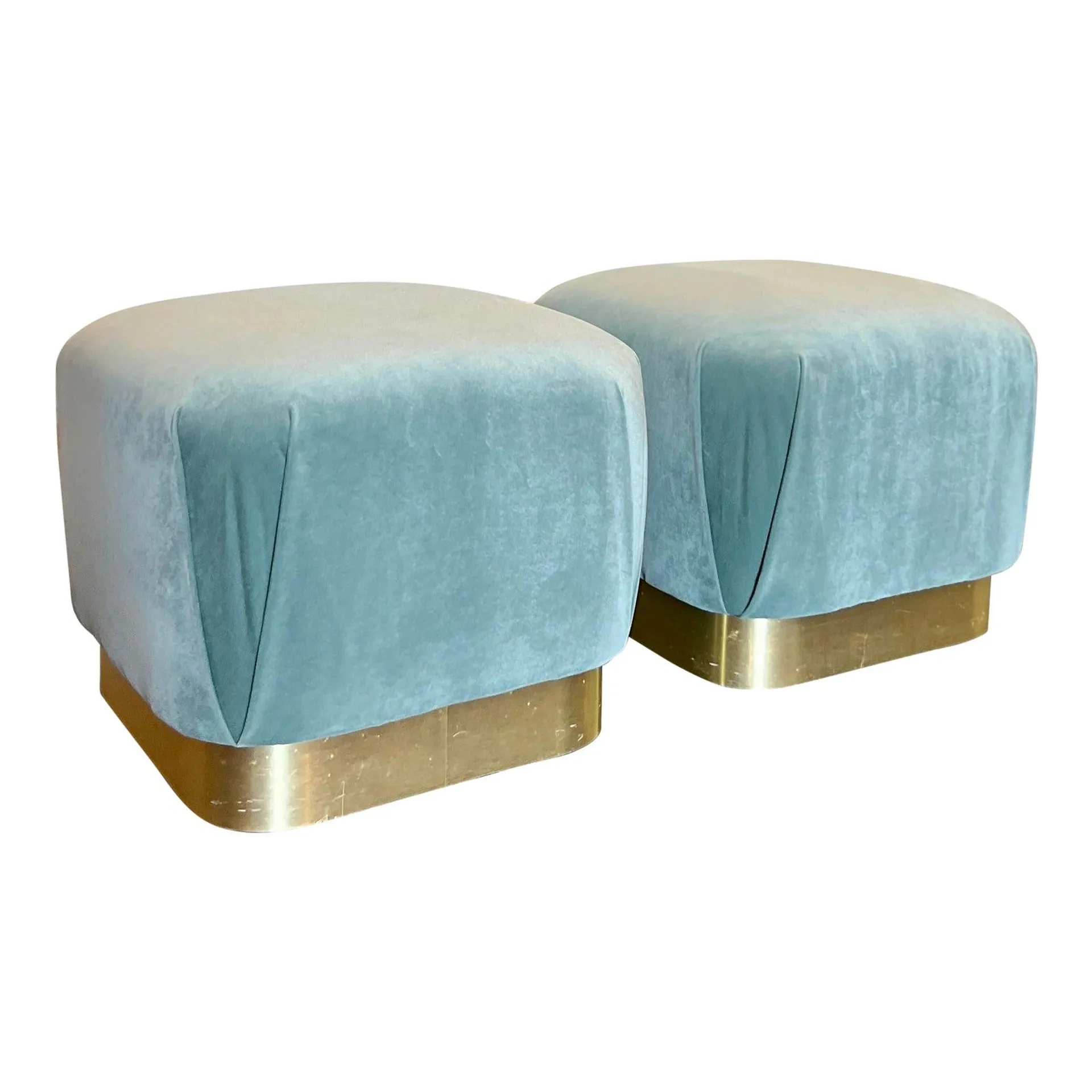 1980s Iconic Marge Carson Style Poufs Recently Recovered in a Pool Blue Cotton Blend Velvet - Set of 2