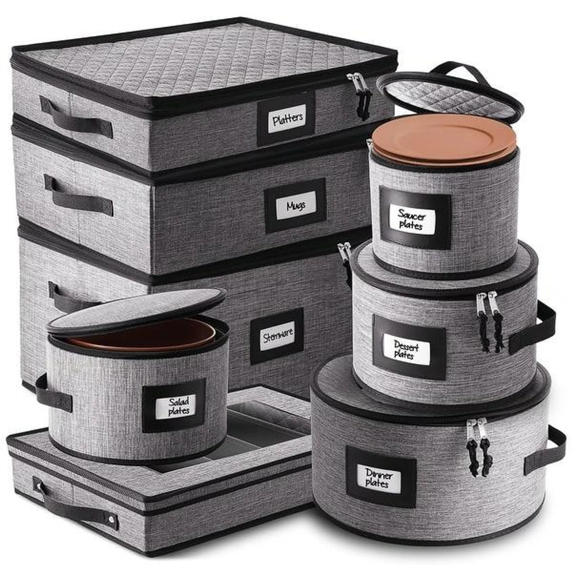 StorageBud Dinnerware Storage Containers - Stackable Holders for Plates, Cups, Flatware, Stemware, & Platter Sets