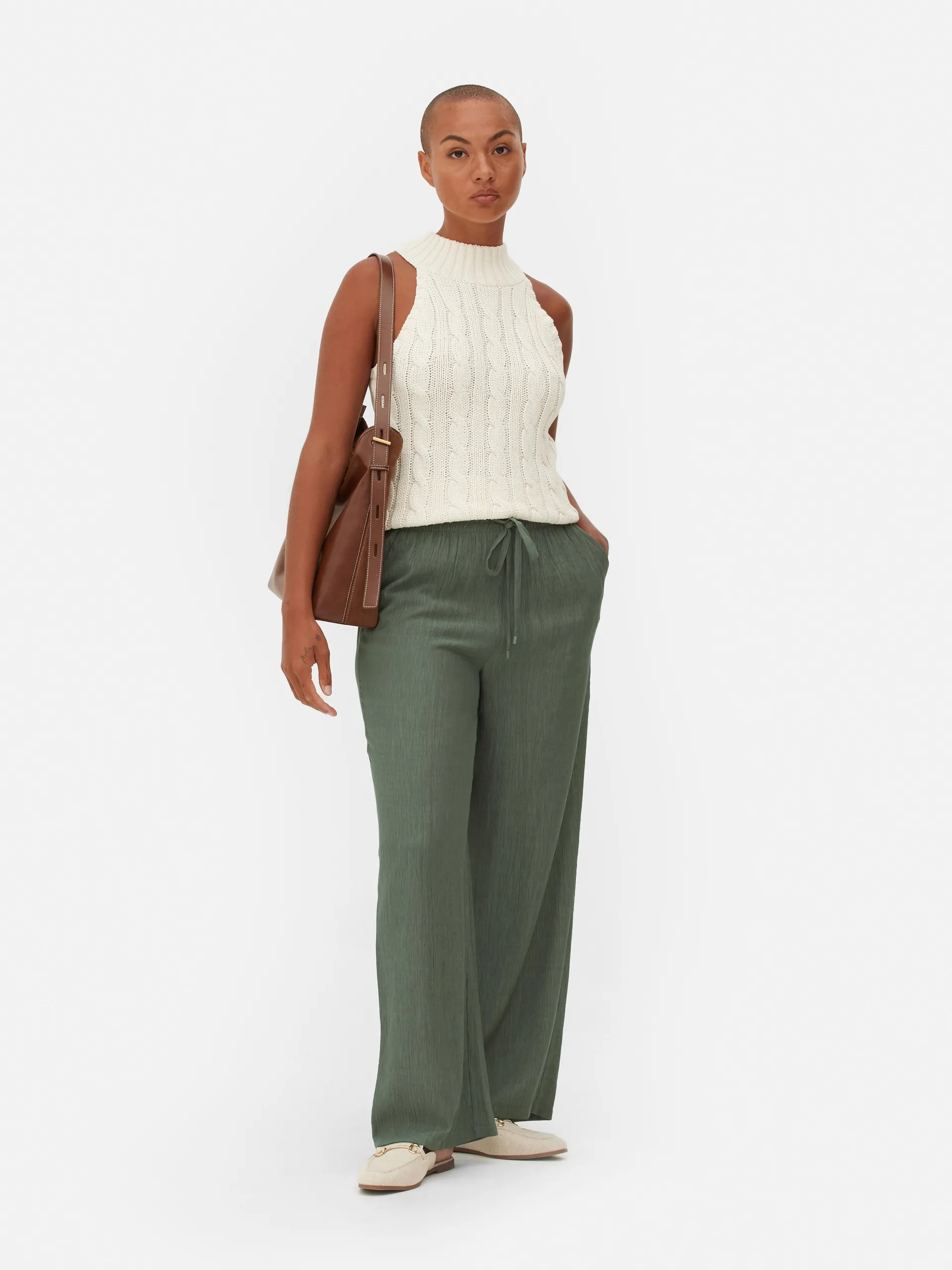 Textured Elasticated Waist Wide Leg Trousers