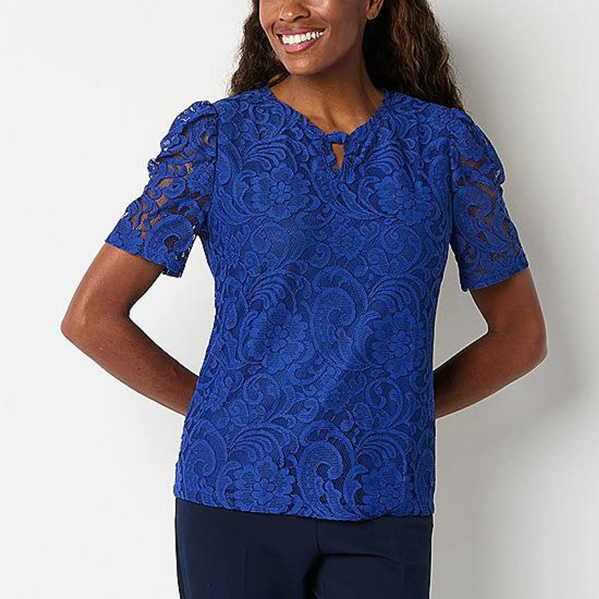 new! Liz Claiborne Womens Keyhole Neck Short Sleeve Lace Blouse