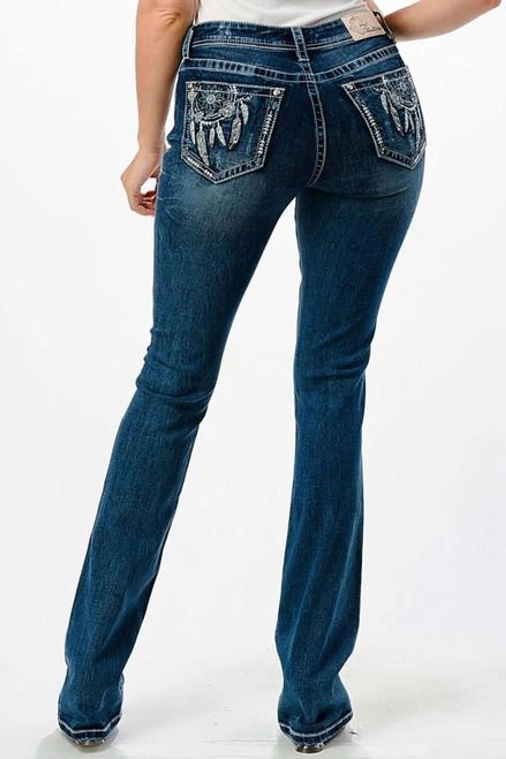 Grace In LA EB51778 Womens Easy Fit Dream Catcher Embroidered Mid Rise Bootcut Jean