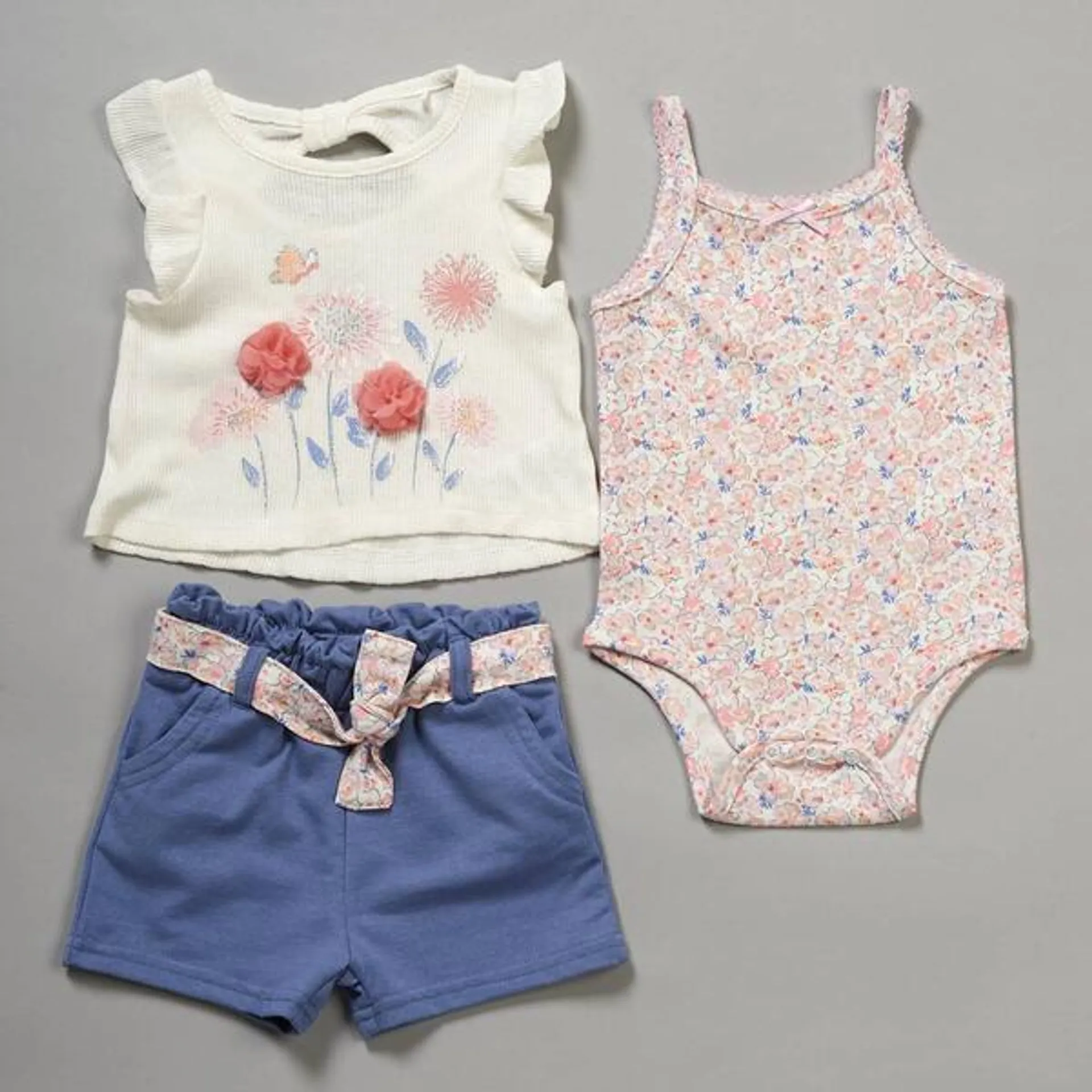 Baby Girl (NB-9M) Quiltex® 3pc. Rose Top/Bodysuit/Shorts Set